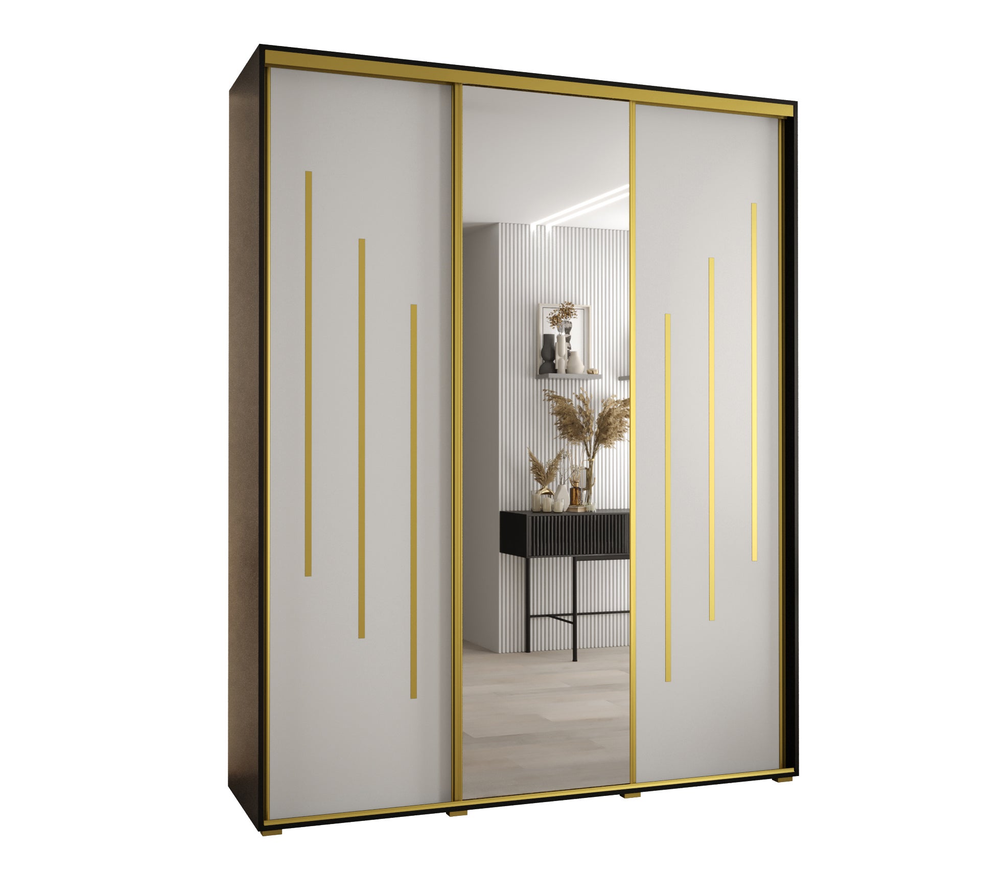 Szafa przesuwna z lustrem wysoka Davos 9 200 x 60 x 235,2 cm czarny + biały + u. złoty - Abiks Meble
