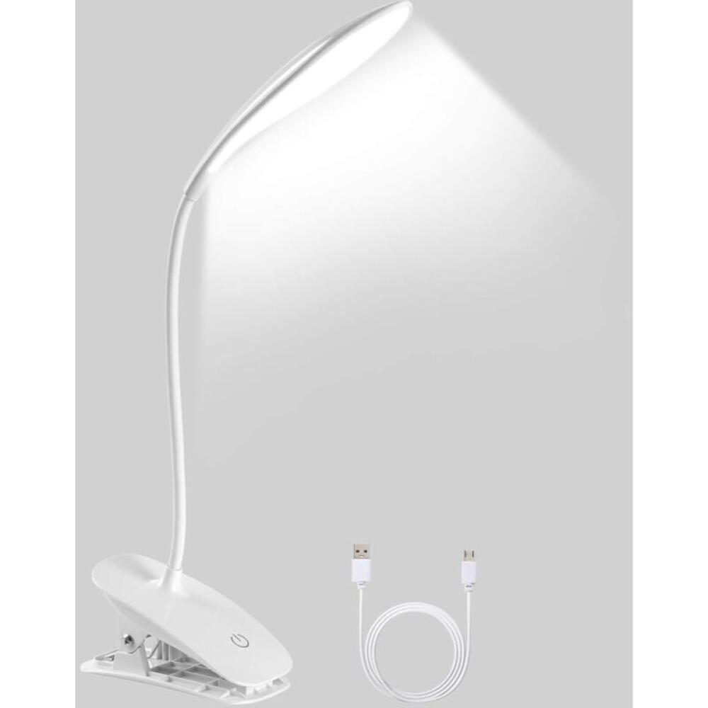 Lampka biurkowa LED z klipsem, ładowana przez USB, obrotowa o 360°, z 3 poziomami jasności do czytania