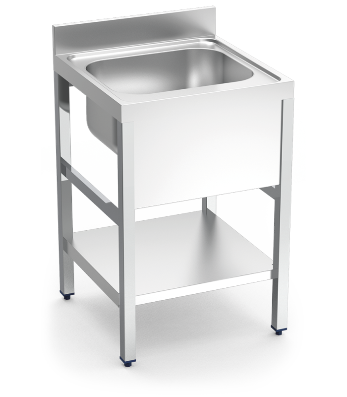 Fregadero inox con soporte con entrepaño serie 700 1 cubeta faldón completo