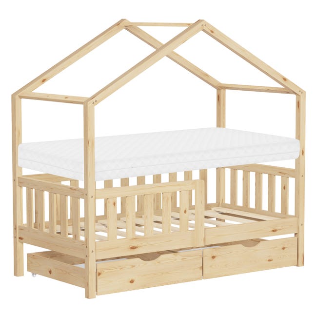 Lit cabane enfant 70x140 cm naturel avec matelas et 2 tiroirs en bois de pin massif protection antichute toit et sommier à lattes cadre montessori | Leroy Merlin