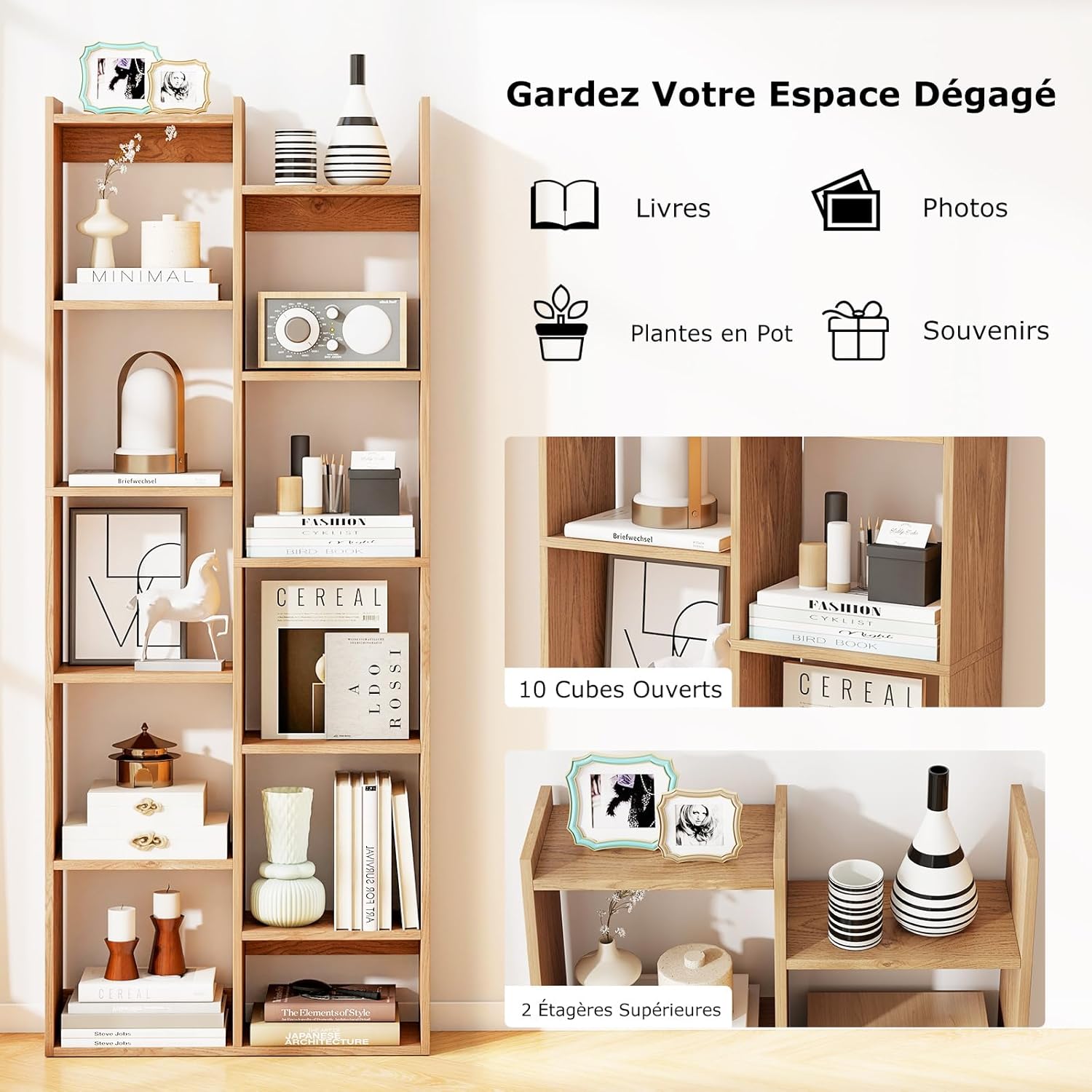Bibliothèque Étagère à 6 Niveaux, Bibliothèque avec 10 Cubes Ouverts, 2 Étagères Supérieures, pour Salon, Bureau,65 x 20 x 162 cm (Naturel) - 4