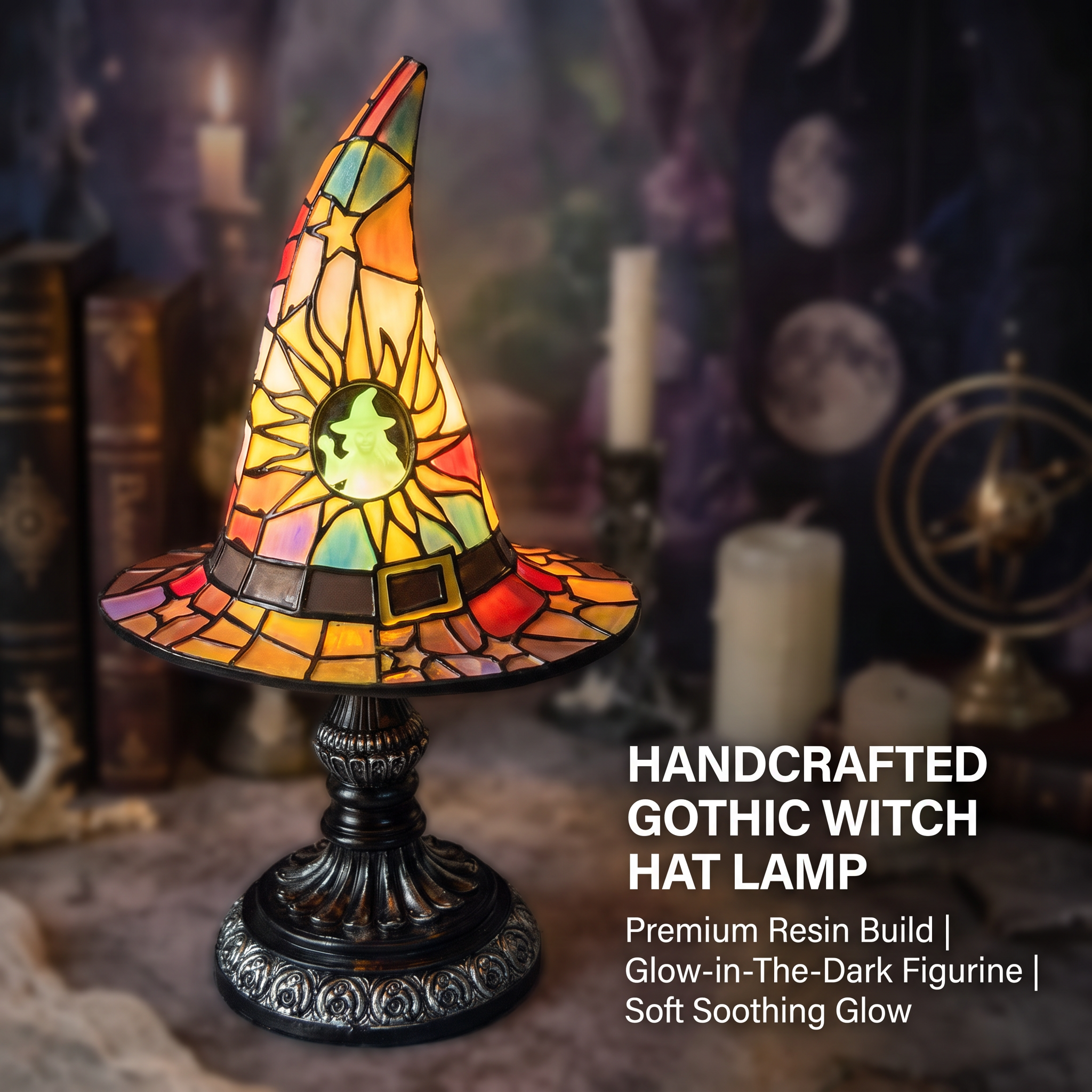 Décoration d'intérieur, lampe chapeau de sorcière avec prise USB, ornement décoratif en résine, grand format et coloré, 30 x 18 x 13 cm - 5