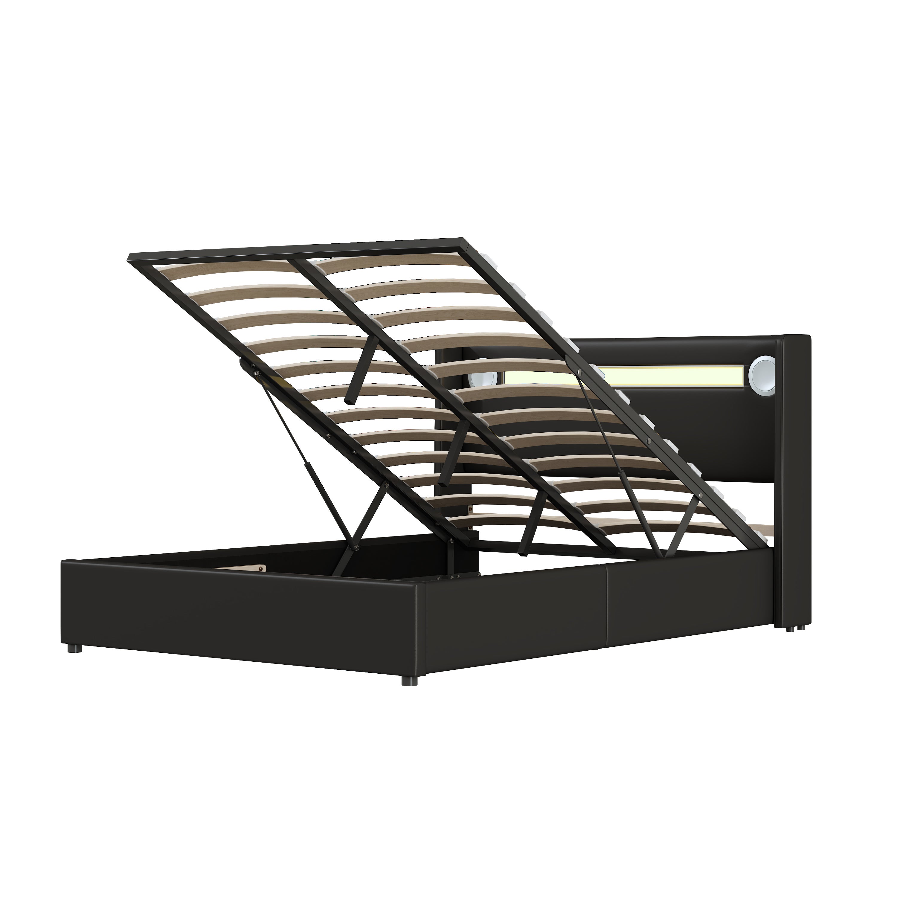 Łóżko z tapicerowanym zagłówkiem z ekoskóry 140x200cm z LED, odtwarzaczem Bluetooth i portami USB - z stelażem na listwy - Czarne - 8