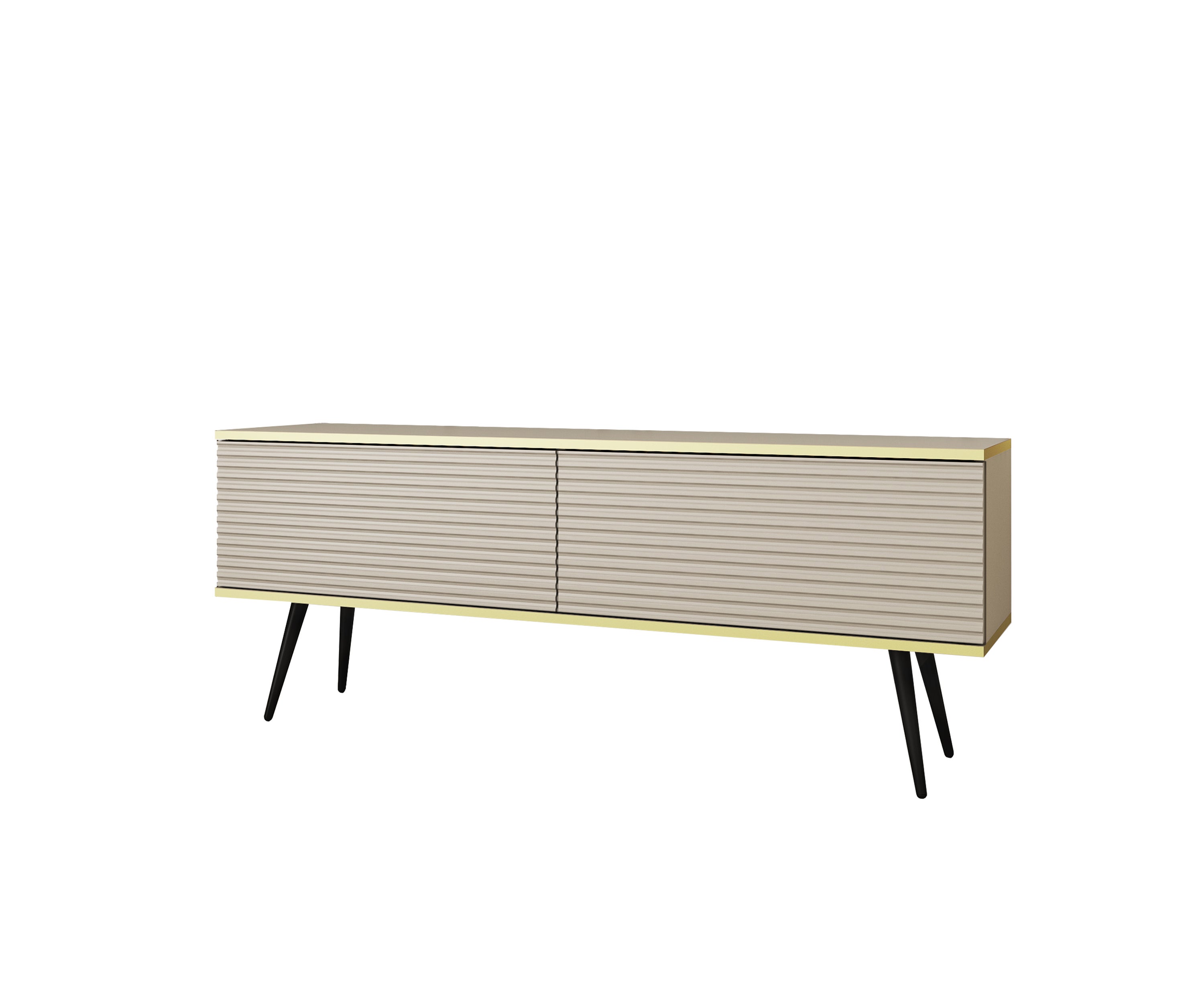 Stolik pod TV z beżowymi listwami, czarne nogi, 135 x 30 x 52 cm, otwierany na wcisk