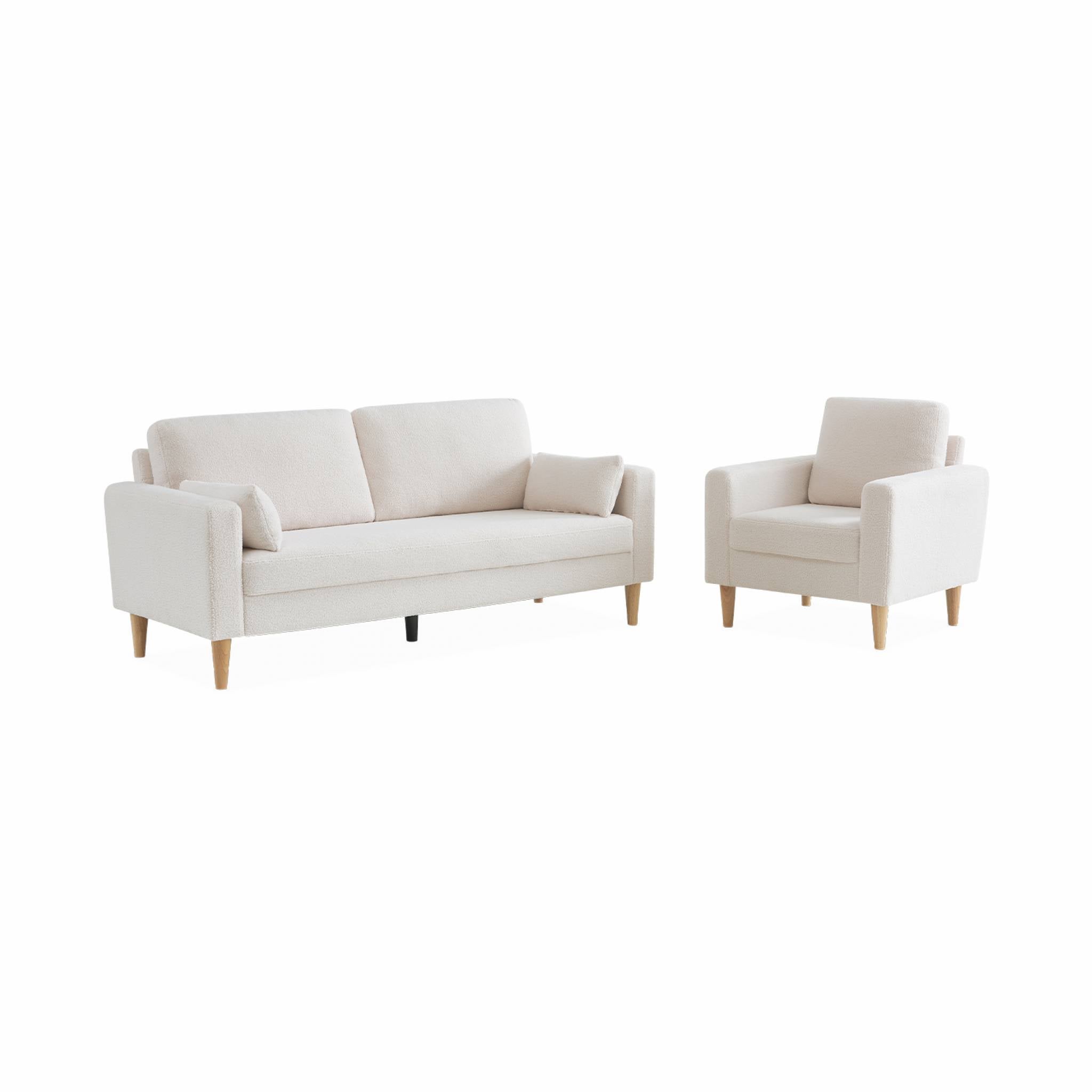Fauteuil à bouclettes crème. scandinave - Bjorn - Canapé 1 place fixe droit pieds bois - 7