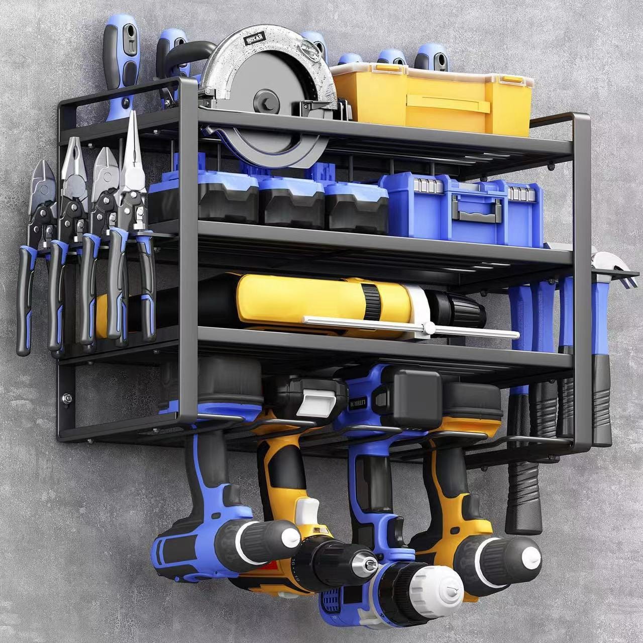 Support Mural Robuste Pour Perceuses & Outils Électriques – 4 Emplacements + Crochets, Garage/Atelier