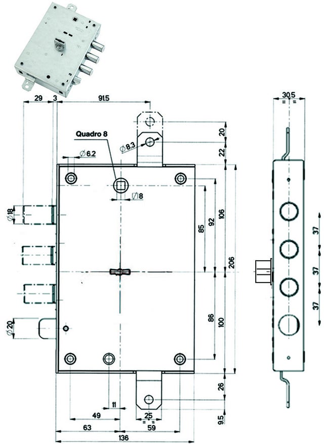Serratura triplice applicare con scrocco dm blindate 52571/37 - mm.63, sx (52571roms1 36)