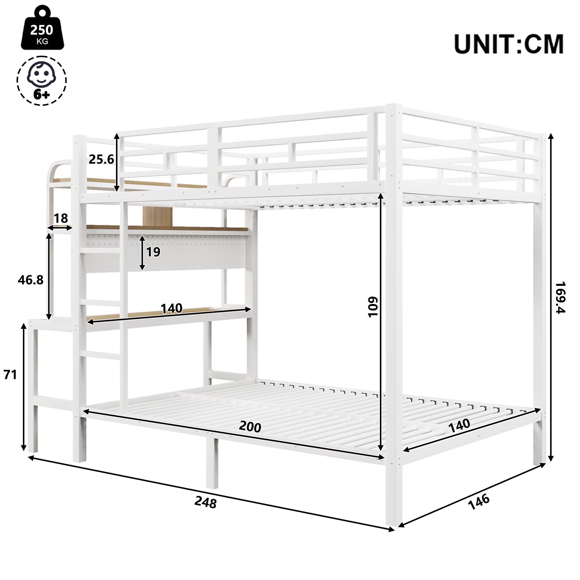 Lit superposé 140x200 avec bureau intégré, LED et ports USB - Structure métal, garde-corps et échelle - Blanc (sans matelas) - 5