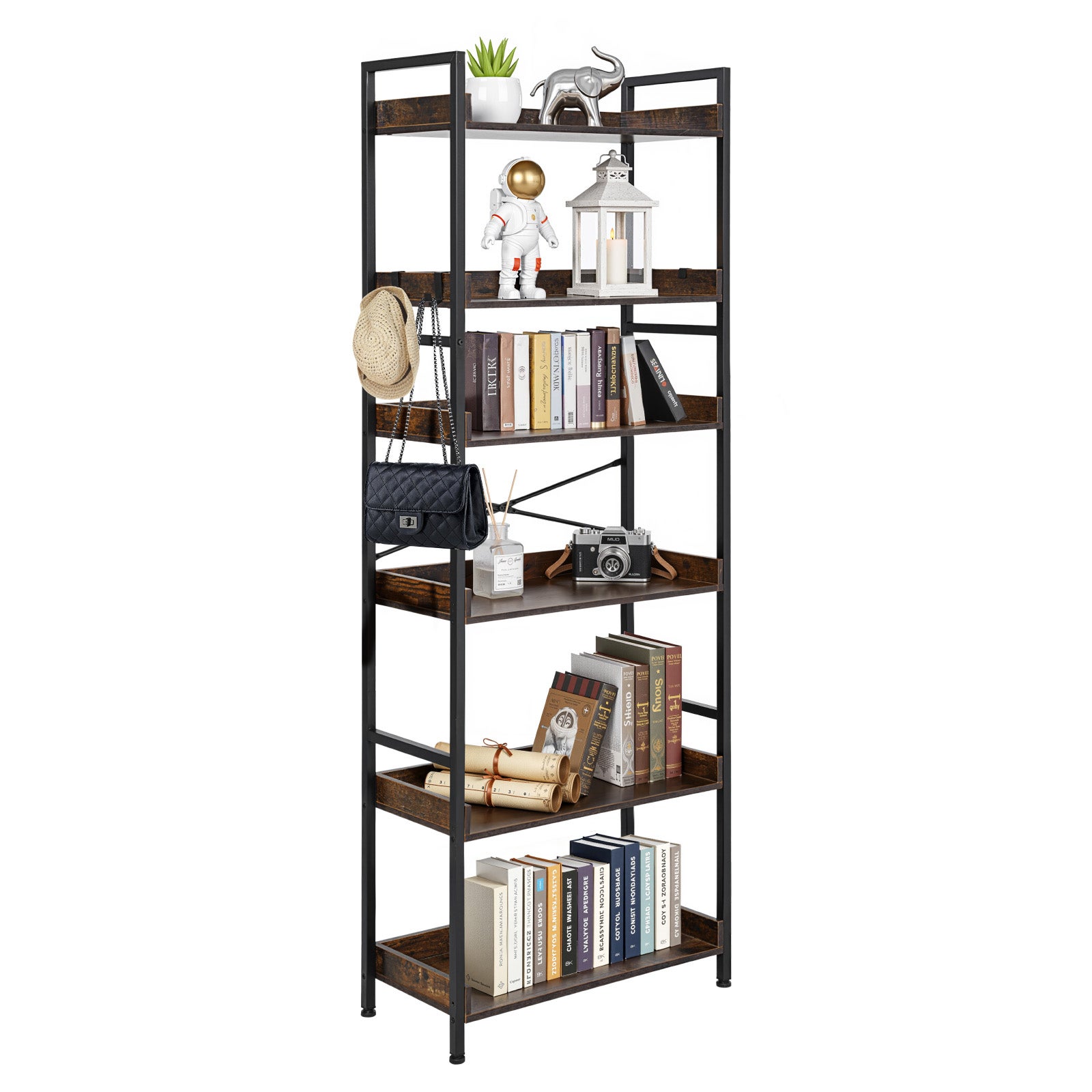 Regał metalowy VEVOR 6 poziomów z hakami półki MDF brązowy styl industrialny 300x650x1750 mm do biura salonu