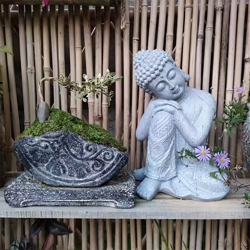 Statue de Bouddha vintage en résine - Décoration extérieure à thème religieux pour jardin, pelouse, terrasse, balcon - Parfait pour Thanksgiving - 4