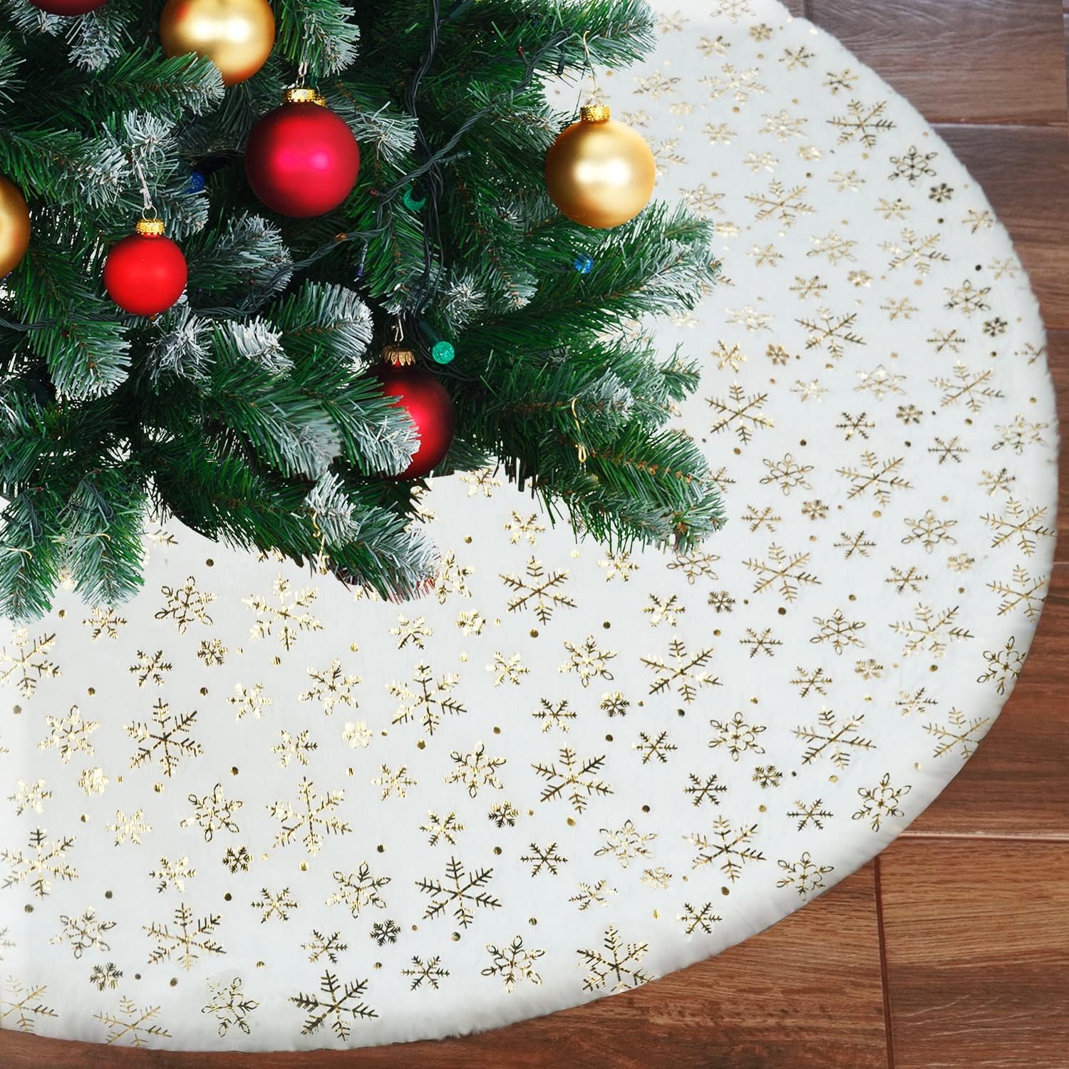 Saia para árvore de Natal, base para árvore de Natal, tapete para árvore de Natal, lantejoulas douradas em forma de floco de neve (branco, 78 cm) - 6
