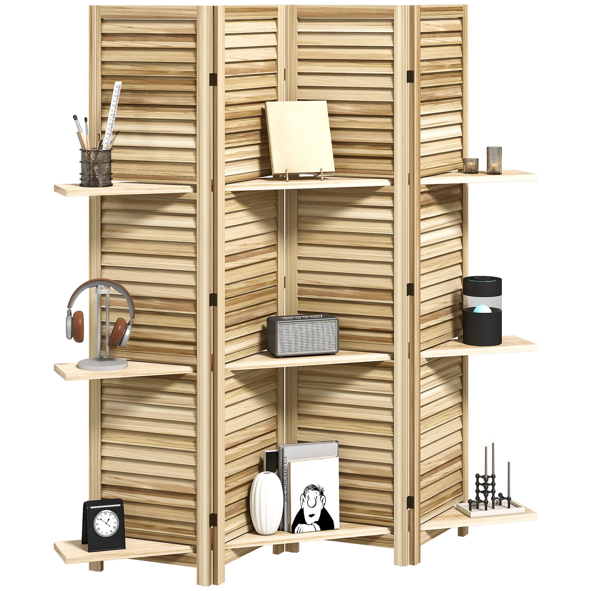 Paravent intérieur en bois 4 panneaux 160x170cm,séparateur de pièce pliable avec 3 étagères,bois naturel - 2