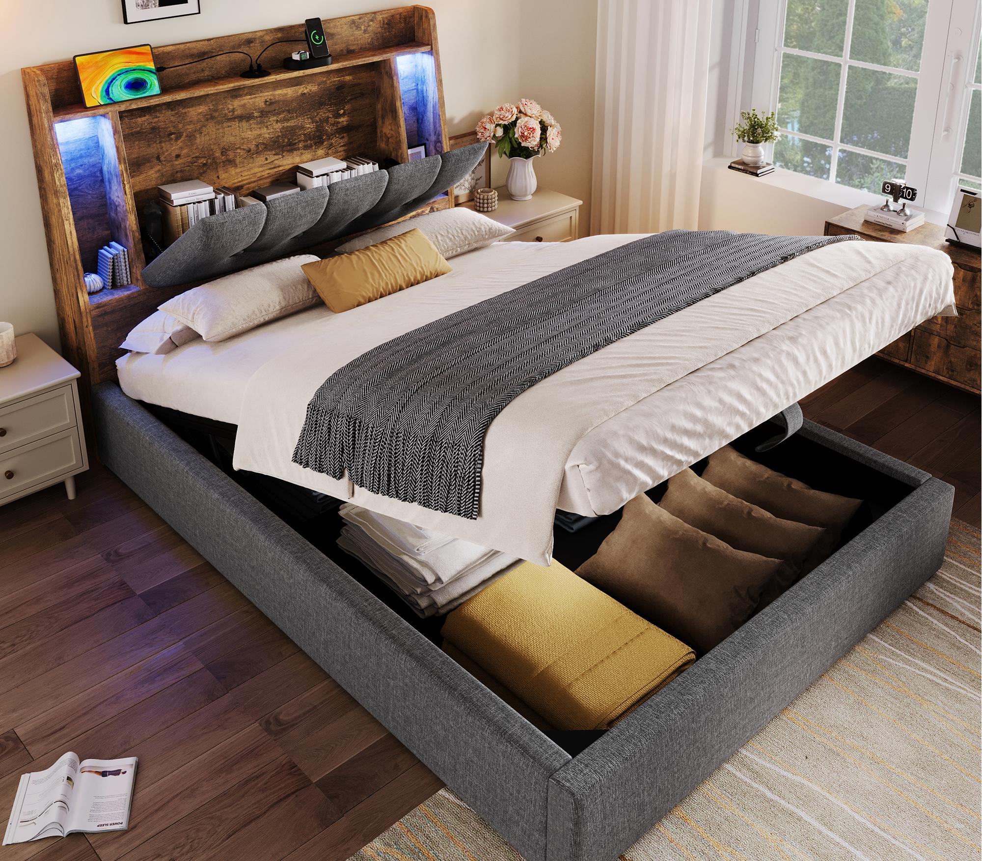 Tapicerowane łóżko z pojemnikiem 90 x 200 cm - z ładowaniem USB-C - oświetlenie LED - pościel - kolor szary (materac nie jest wliczony w cenę)