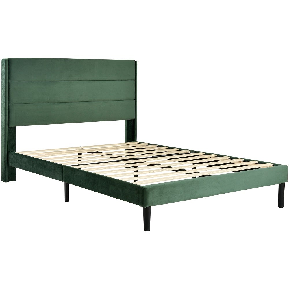 Lit adulte Lit simple capitonné en velours 140 x 200 cm - avec sommier à lattes et tête de lit, lit adulte style scandinave - Vert Lit rembourré - 4