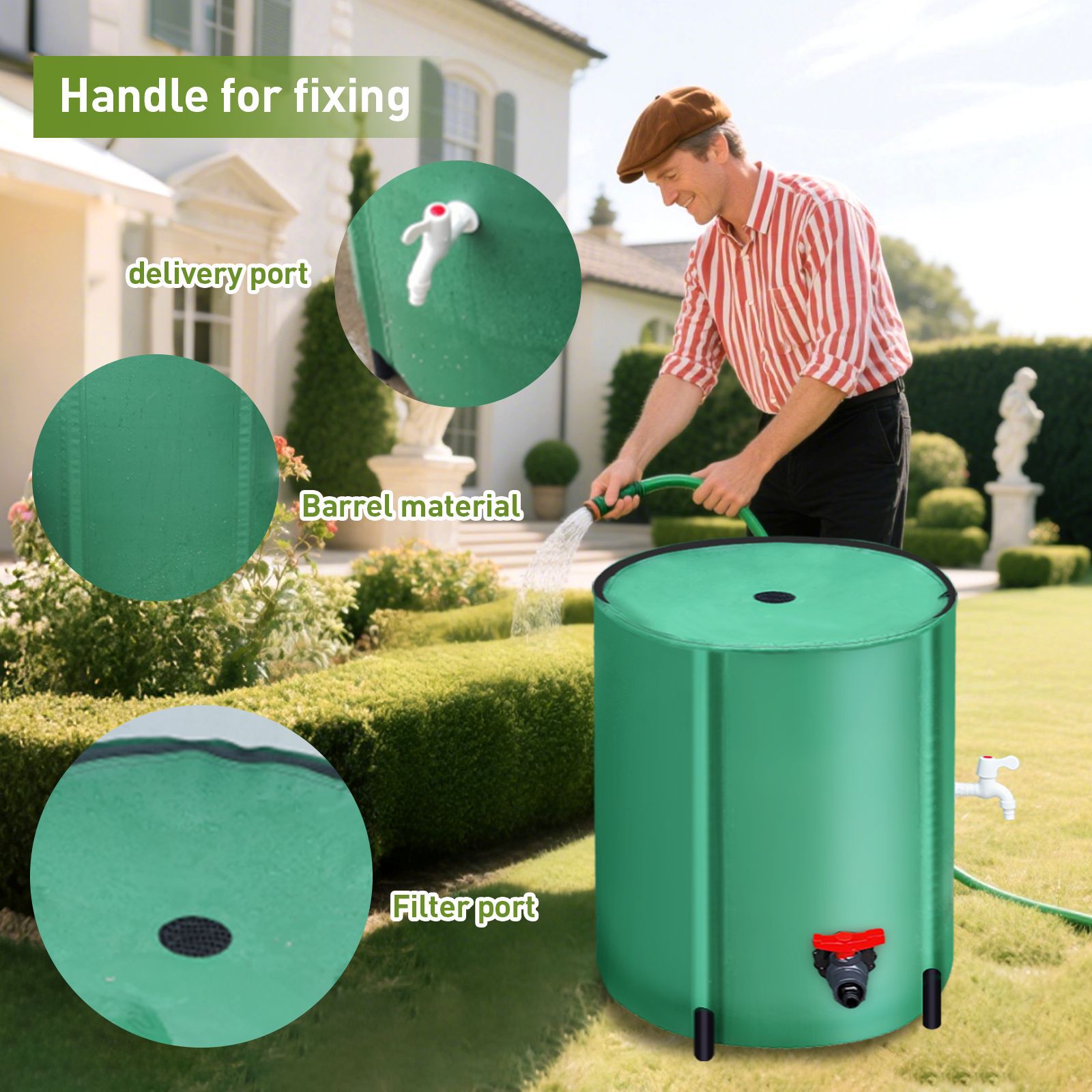 BEAFACE Balde de chuva dobrável, 50L, recipiente para recolha de água da chuva com torneira, à prova de fugas, para rega de jardins e quintas (verde) - 3
