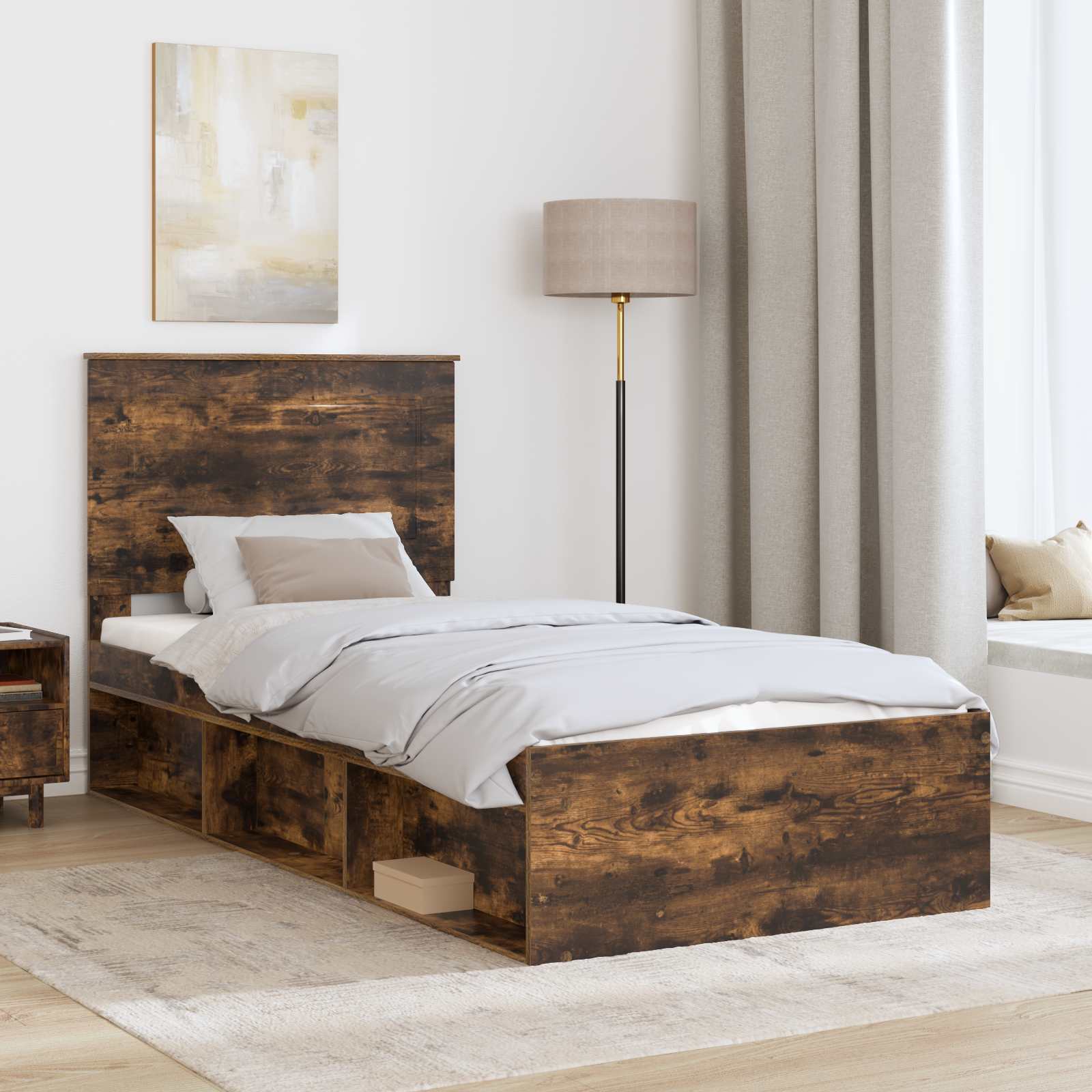 Cadre de lit uni chêne fumé 100 x 200 cm en bois de pin massif - 3