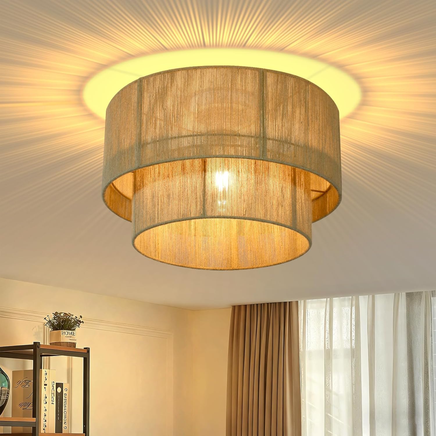 ZMH Lampa sufitowa E27 kolorze żółtym retro wykonana z naturalnej liny jutowej odpowiednia do salonów kuchni sypialni (żarówka nie jest dołączona)