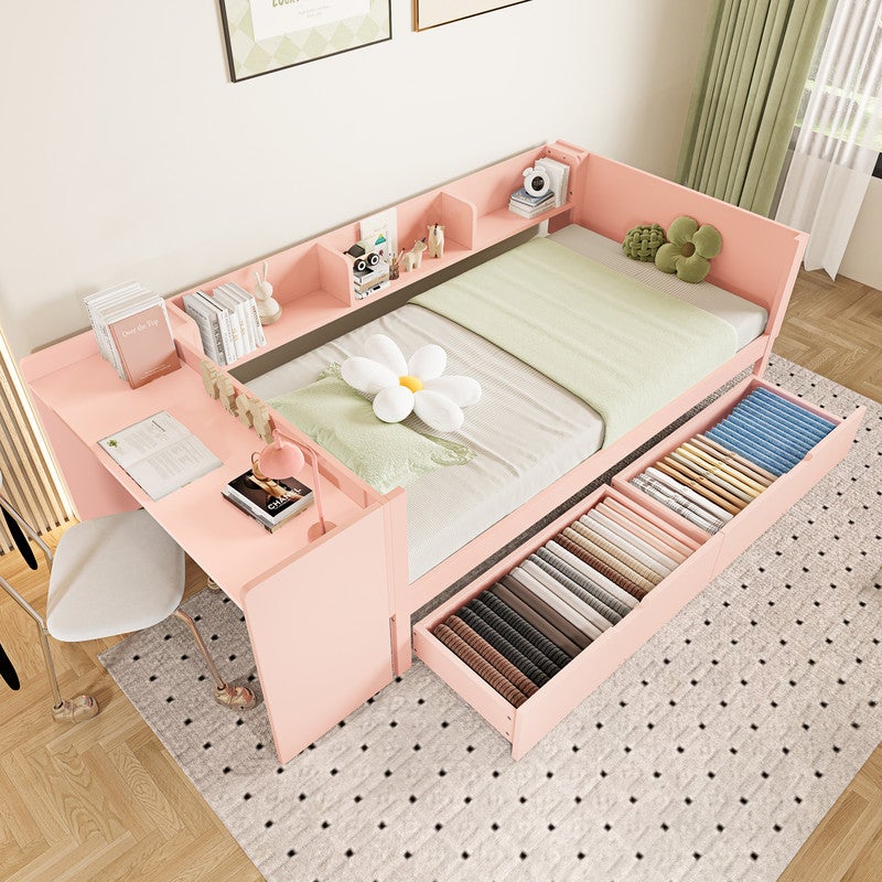 Pojedyncze łóżko dziecięce 90x200 cm - z biurkiem - z 2 szufladami - z półkami - lite drewno - różowe (bez materaca)