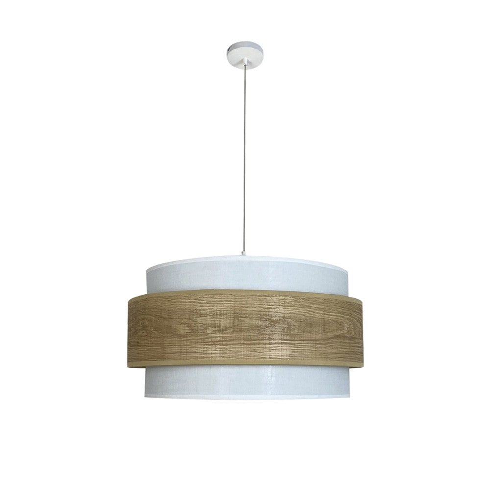 Lampa wisząca Vontrier z potrójnym białym i drewnianym abażurem z elementem dekoracyjnym ø40 cm