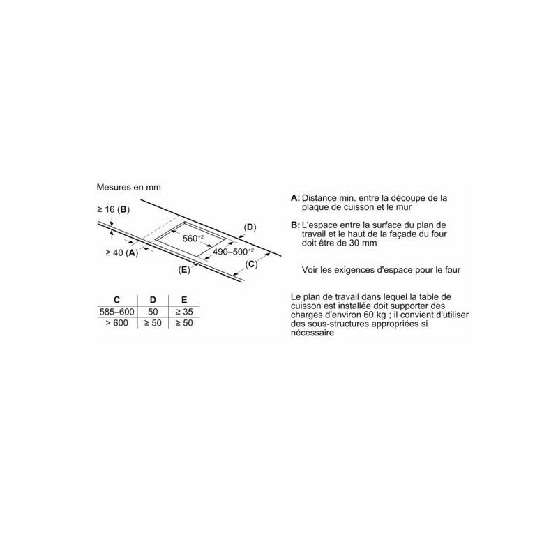 Table induction 60 cm - BOSCH Série 6 - 4 foyers - Noir - H5,1 x L59,2 x52,2 cm - PIE631HB1E - 2