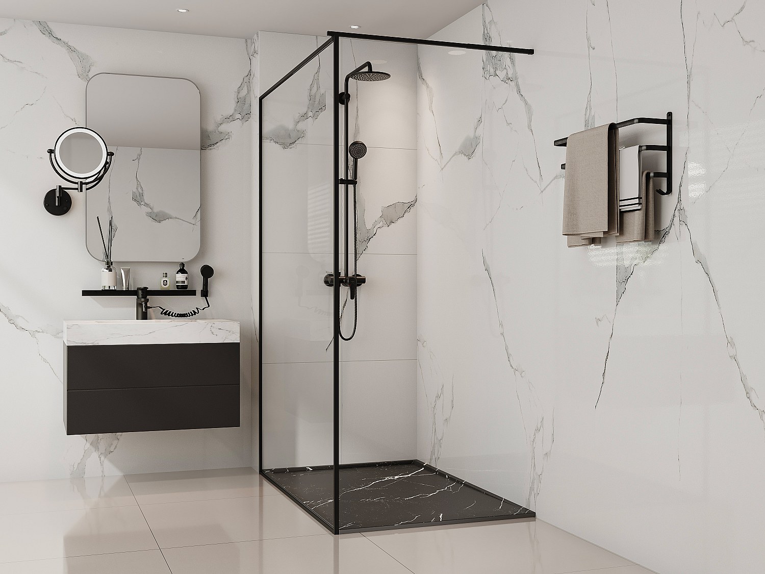 Brodzik płaski posadzkowy lub wpuszczany w posadzkę do przycięcia z żywicy SMC - Czarny z efektem marmuru - 140 x 90 cm - LYROSA