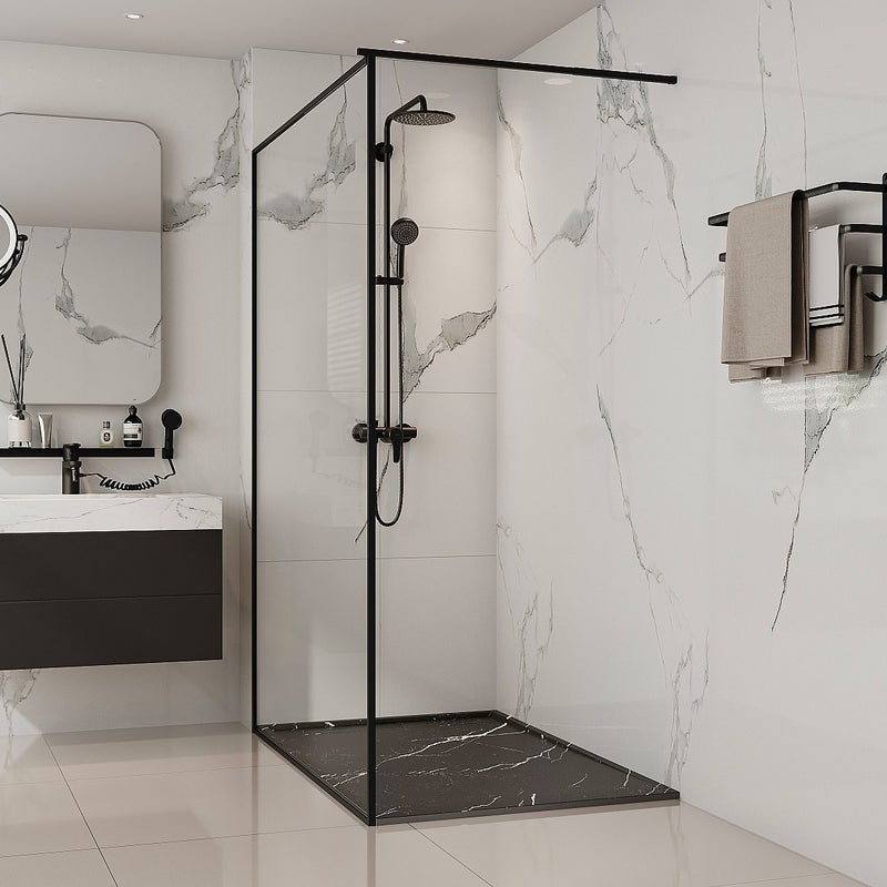 Brodzik płaski posadzkowy lub wpuszczany w posadzkę do przycięcia z żywicy SMC - Czarny z efektem marmuru - 140 x 90 cm - LYROSA