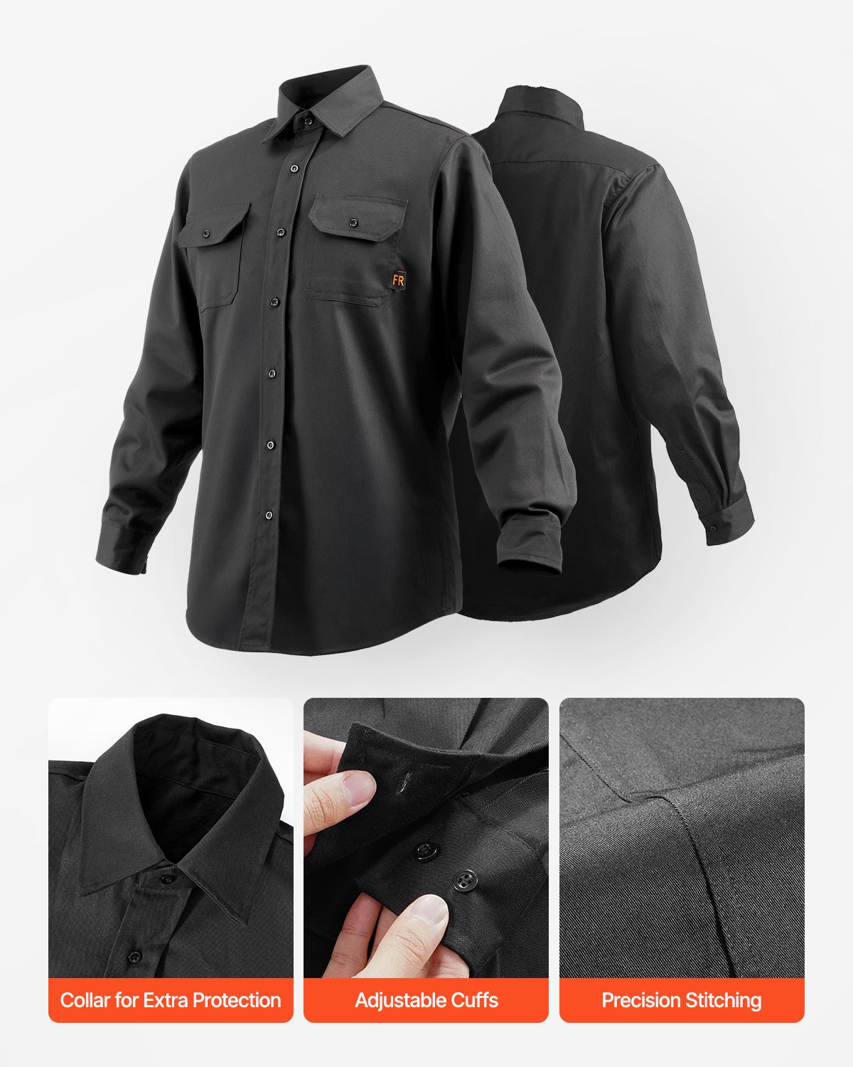 Veste soudage ignifuge,coton FR VEVOR 7 oz,lavable machine,résistante à la chaleur,taille L,col,poignets réglables,2 poches,ATPV 9,2 Cal/cm² - 5