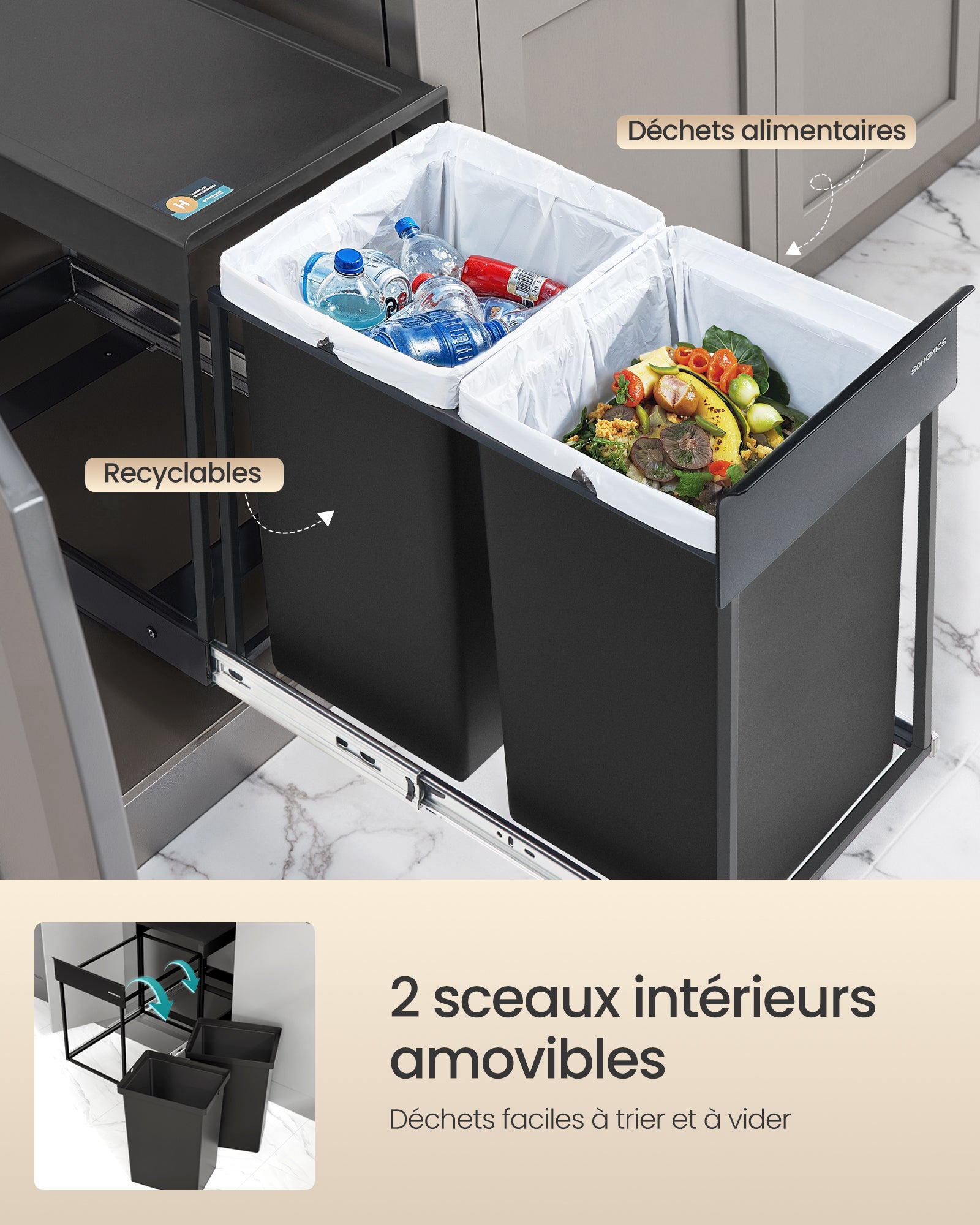 Poubelle de Tri Sélectif, Poubelle de Cuisine Extractible Coulissante, 2 Seaux de 20 L, Coulissement en Douceur, Noir d'Encre - 4