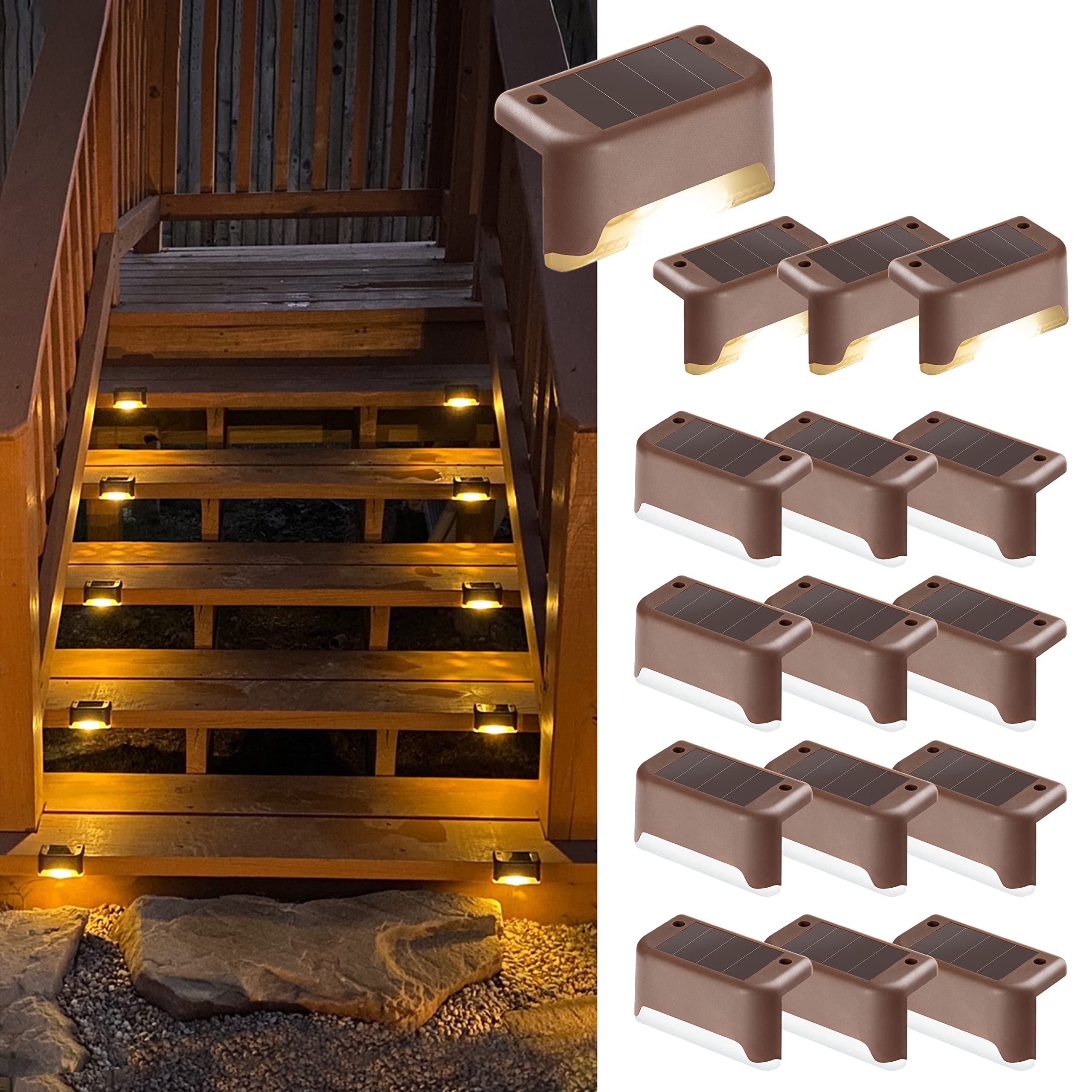 Zestaw 16 wodoodpornych lamp solarnych zewnętrznych - Oświetlenie LED do schodów, stopni, ogrodzenia, podwórza, tarasu, rynny, ścieżki - Biały ciepły