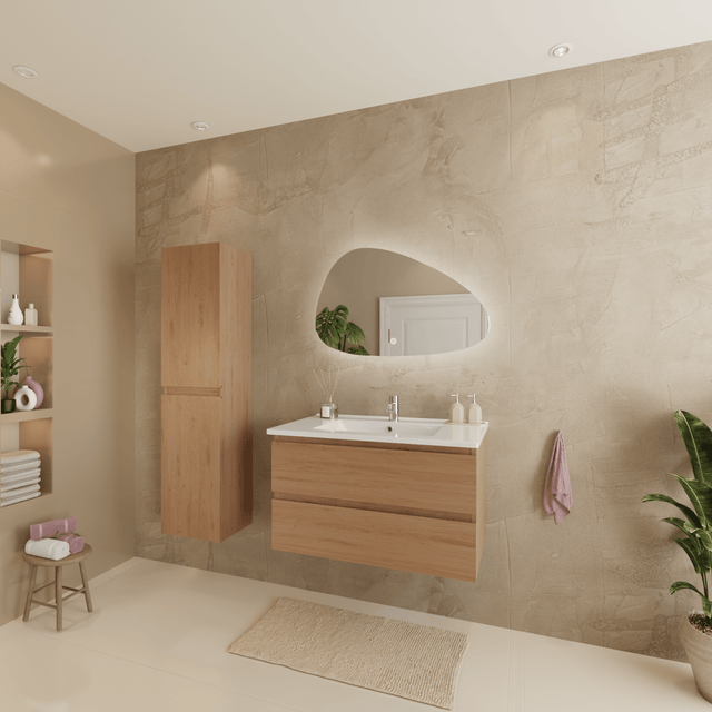 Ensemble Meuble Vasque 80 Cm Avec Colonne - Chêne Clair - Lavabo Blanc - LOMAZOO Verona