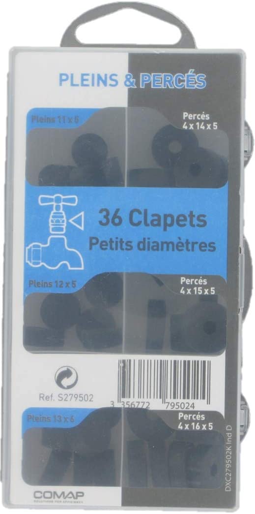 COMAP Coffret de 36 clapets pleins et percés d'étanchéité pour robinet - Petits diamètres : 11x5, 12x5, 13x6, 4x14x5, 4x15x5, 4x16x5 - S279502