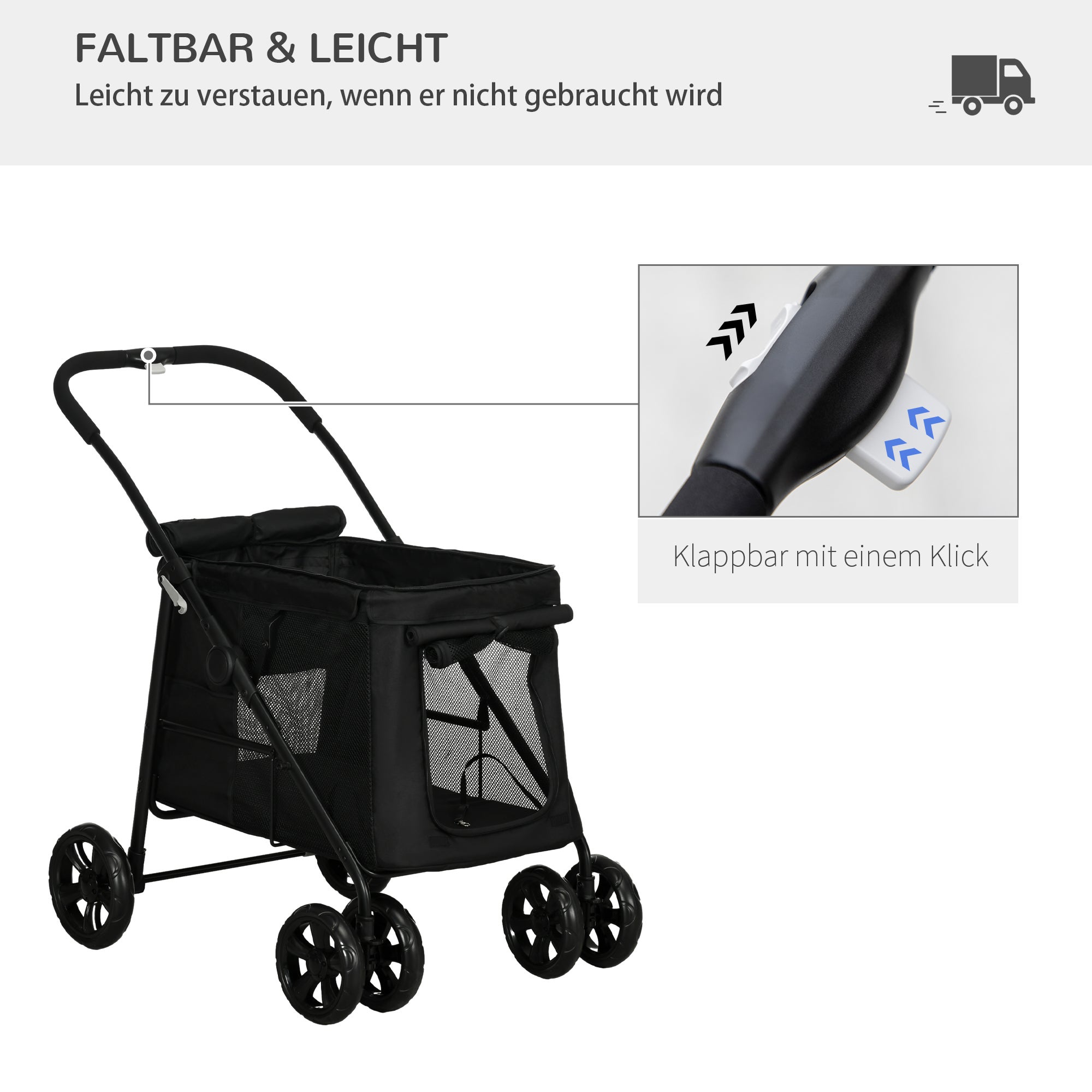 PawHut cochecito plegable para perros hasta 20 kg, tejido Oxford negro, con bolsillos laterales, ventanas de malla y frenos - 7