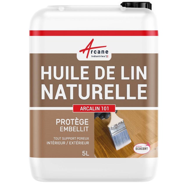 Huile de lin naturelle pour bois intérieur, extérieur, terrasse, parquet, meuble, pierre naturelle - ARCALIN 101 - 5 L - ARCANE INDUSTRIES