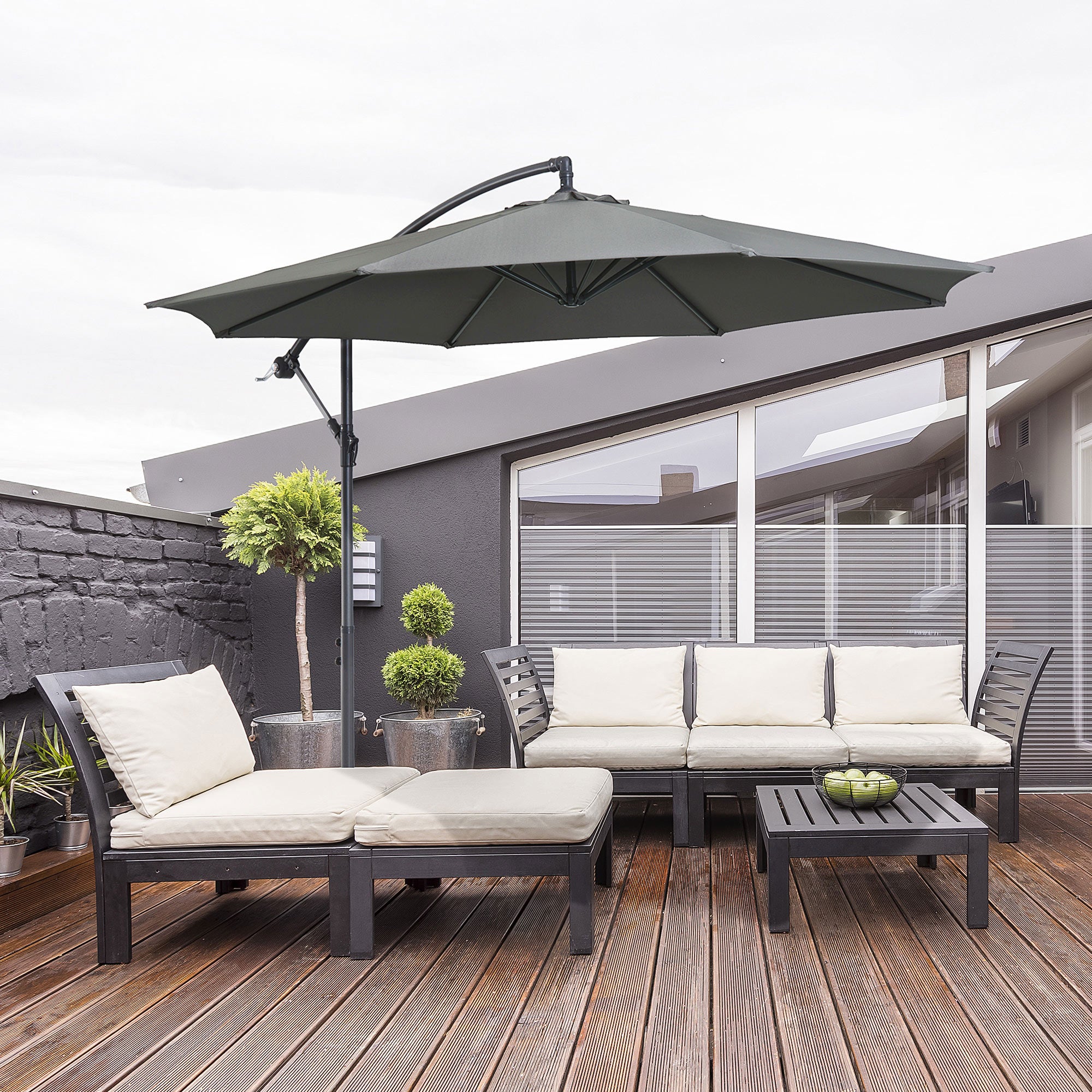 Parasol extérieur 3x2,5 m décalé avec manivelle, structure anti-UV en acier et polyester, gris - 3