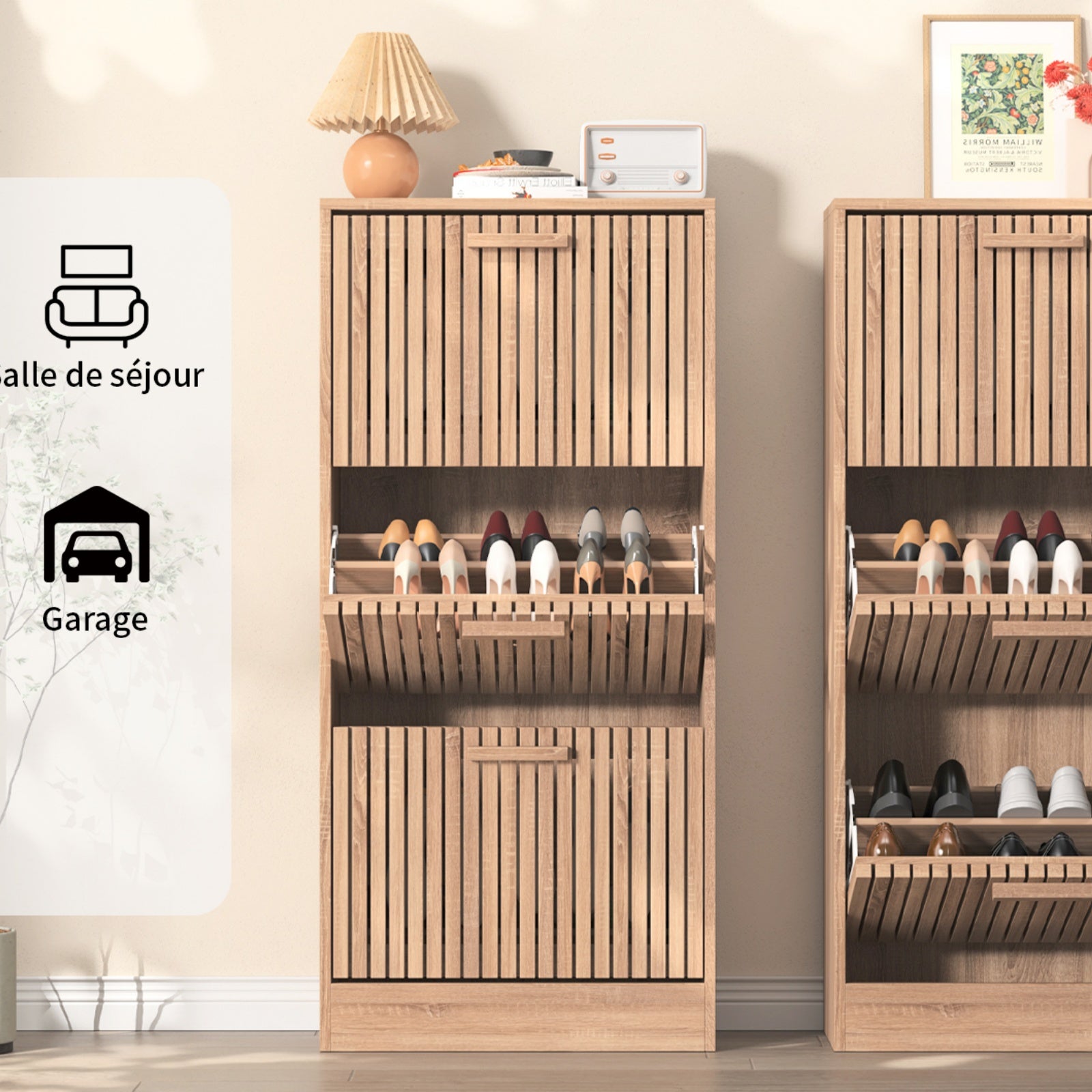 Meuble à chaussures 113cm, capacité 18 paires, 3 tiroirs rabattables, anti-basculement, style scandinave, pour entrée,Naturel - 4