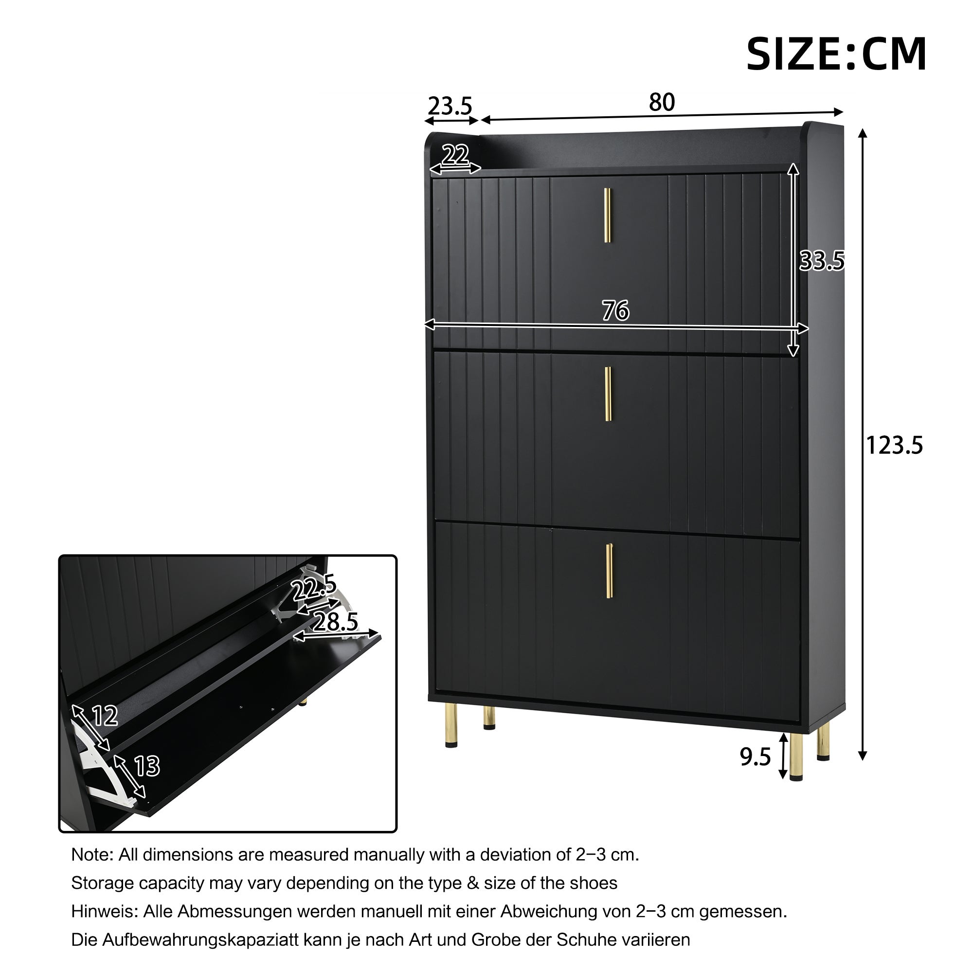 Meuble à chaussures avec 3 portes rabattables et dispositif anti-basculement - 80 x 23,5 x 123,5 cm - MDF - Noir - 6