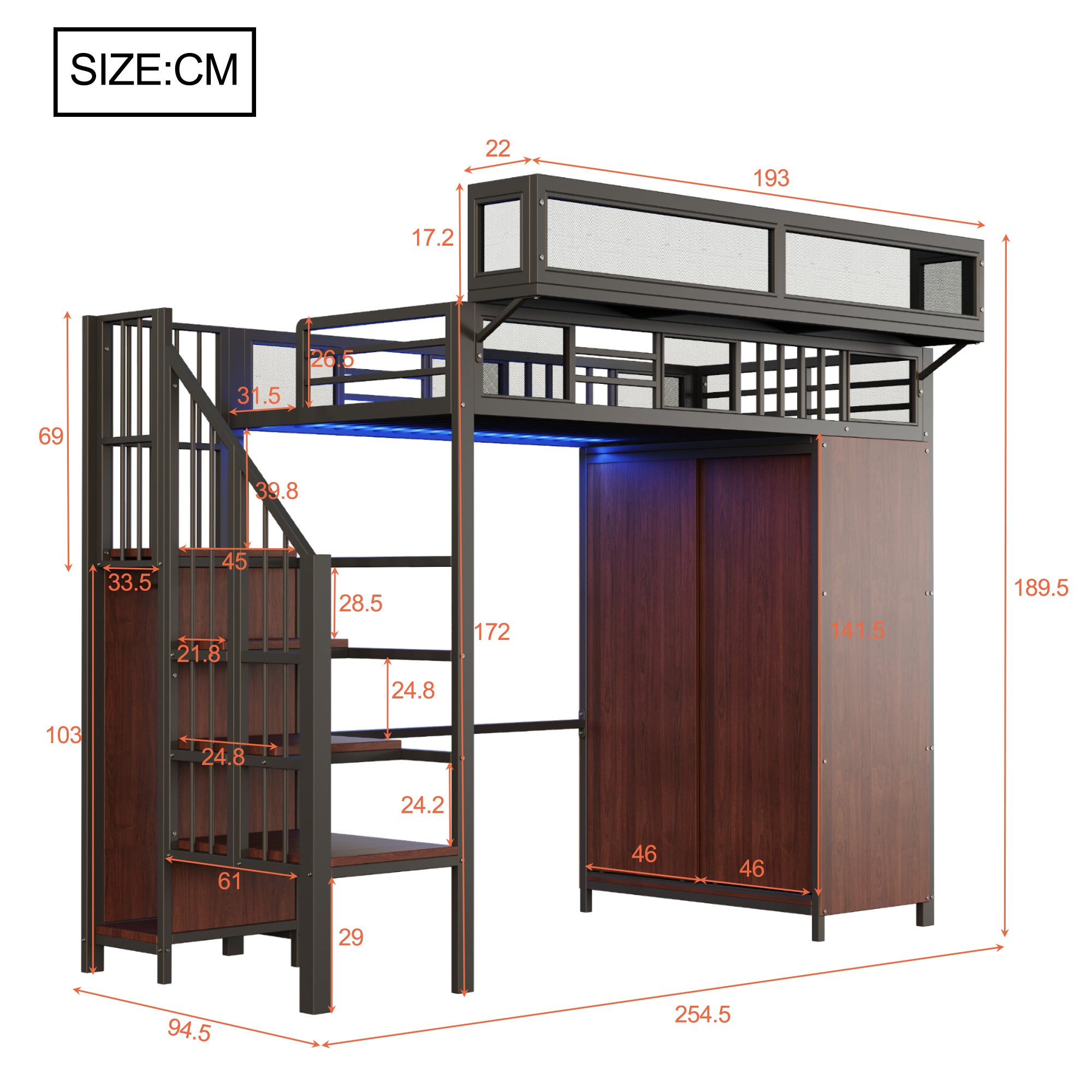 Lit mezzanine 90x200 avec armoire intégrée et éclairage LED, Lit simple avec barrières de sécurité en maille, étagères amovibles et échelle, Noir - 5