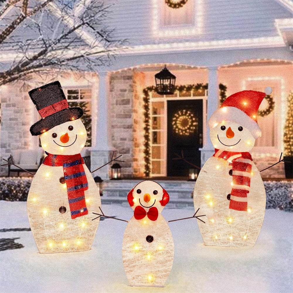 Décorations de Noël pour jardin,lot de 3 bonhommes de neige pré-assemblés et lumineux,lumières LED chaudes,pour décorations intérieures et extérieures - 2