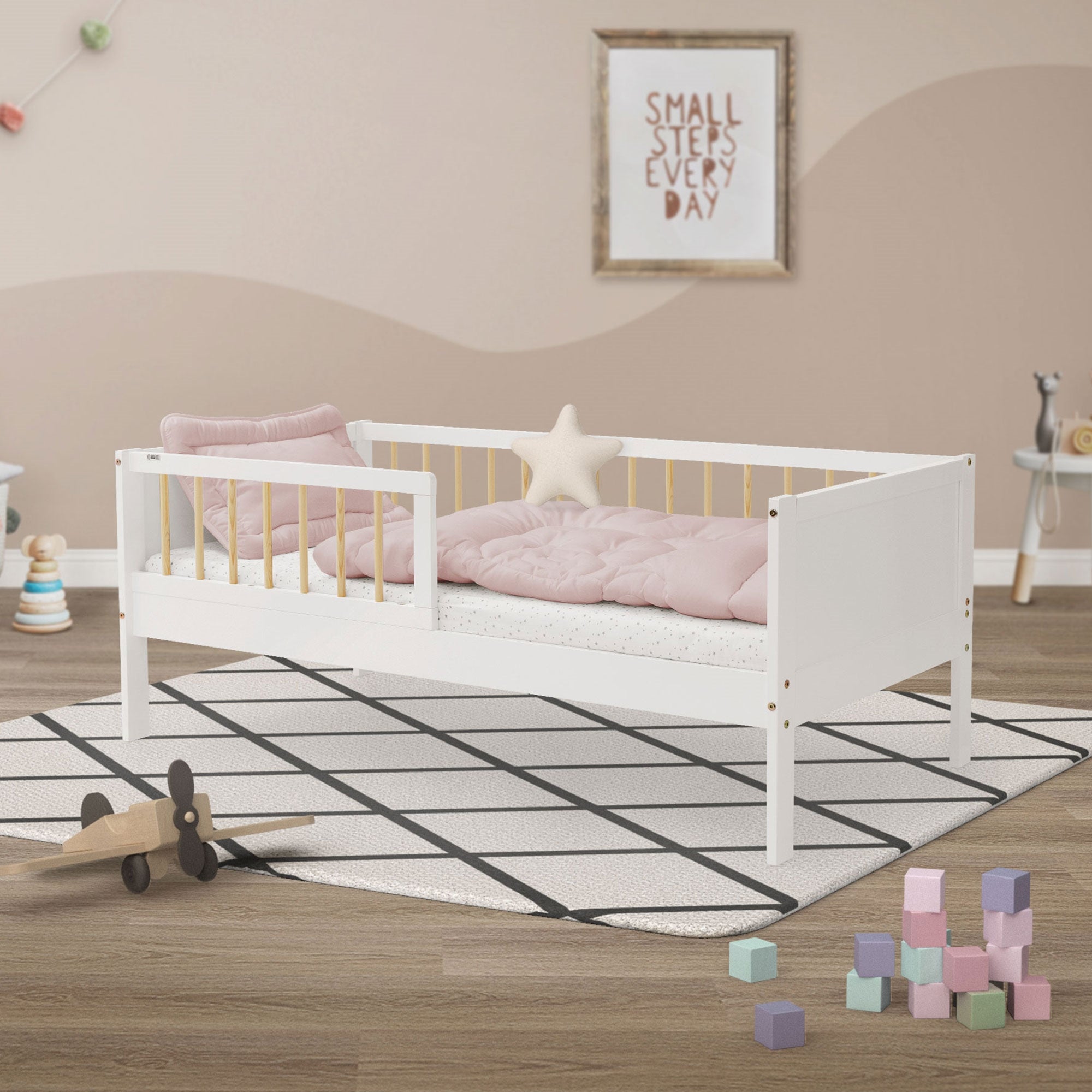 ML-Design łóżko dziecięce 70x140 cm białe-naturalne z listwową ramą i barierką ochronną solidne sosnowe łóżko młodzieżowe dla chłopców i dziewczynek