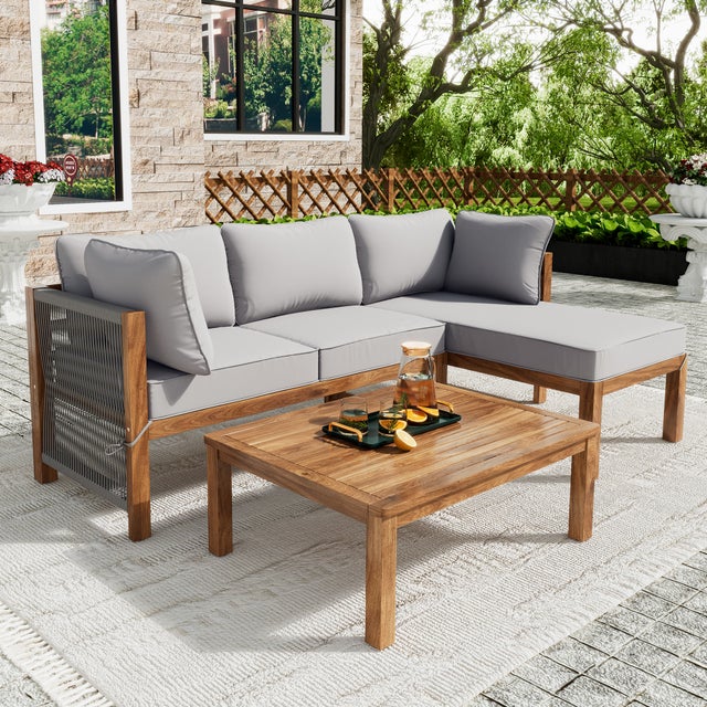 Muebles de jardín modulares en madera de acacia: 1 sofá de esquina + 1 mesa de centro - Gris + marrón