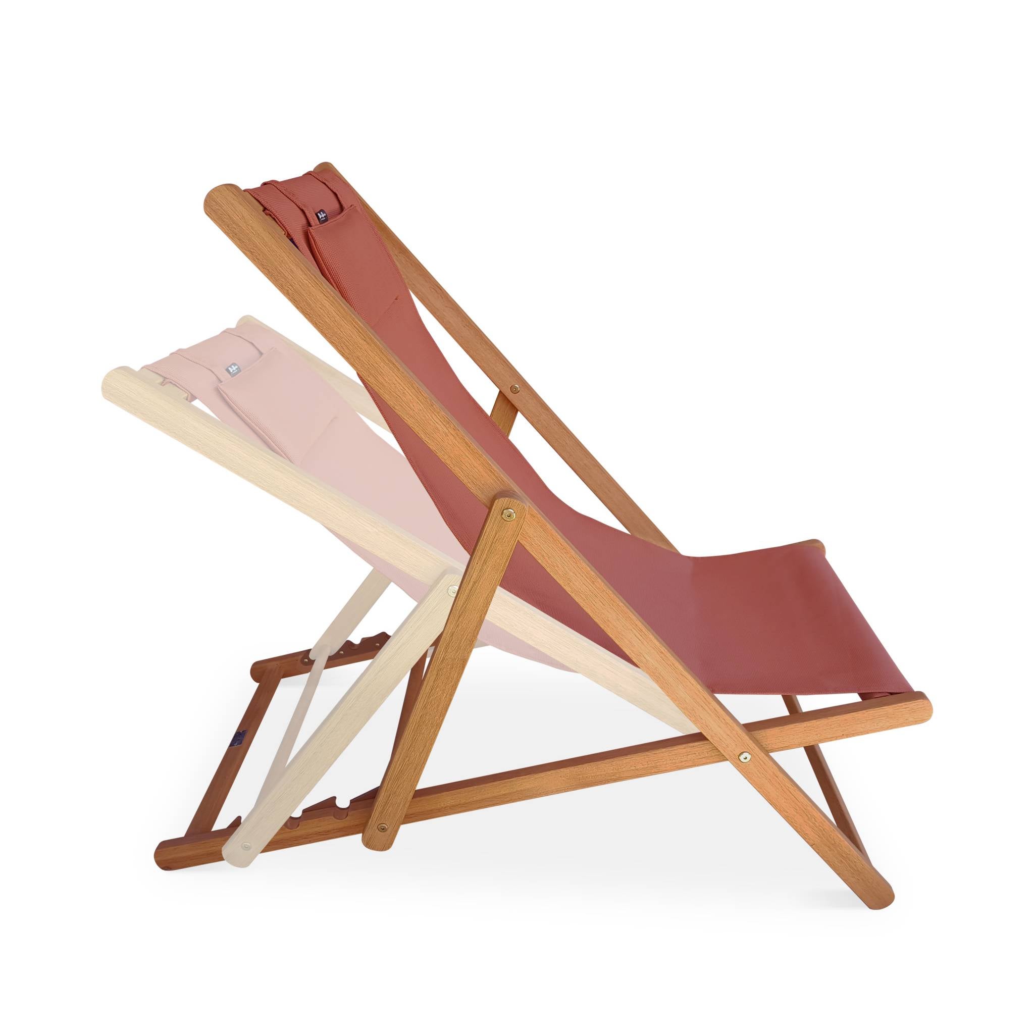 Chiliennes bois - Creus - 2 transats en bois d'Eucalyptus huilé avec coussin repose-tête terra cotta CREUS - 4