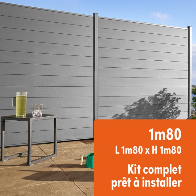 Kit complet clôture composite et aluminium à sceller H 1m80 L 1m80 gris quartz avec renforts acier - Palissade - Brise vue