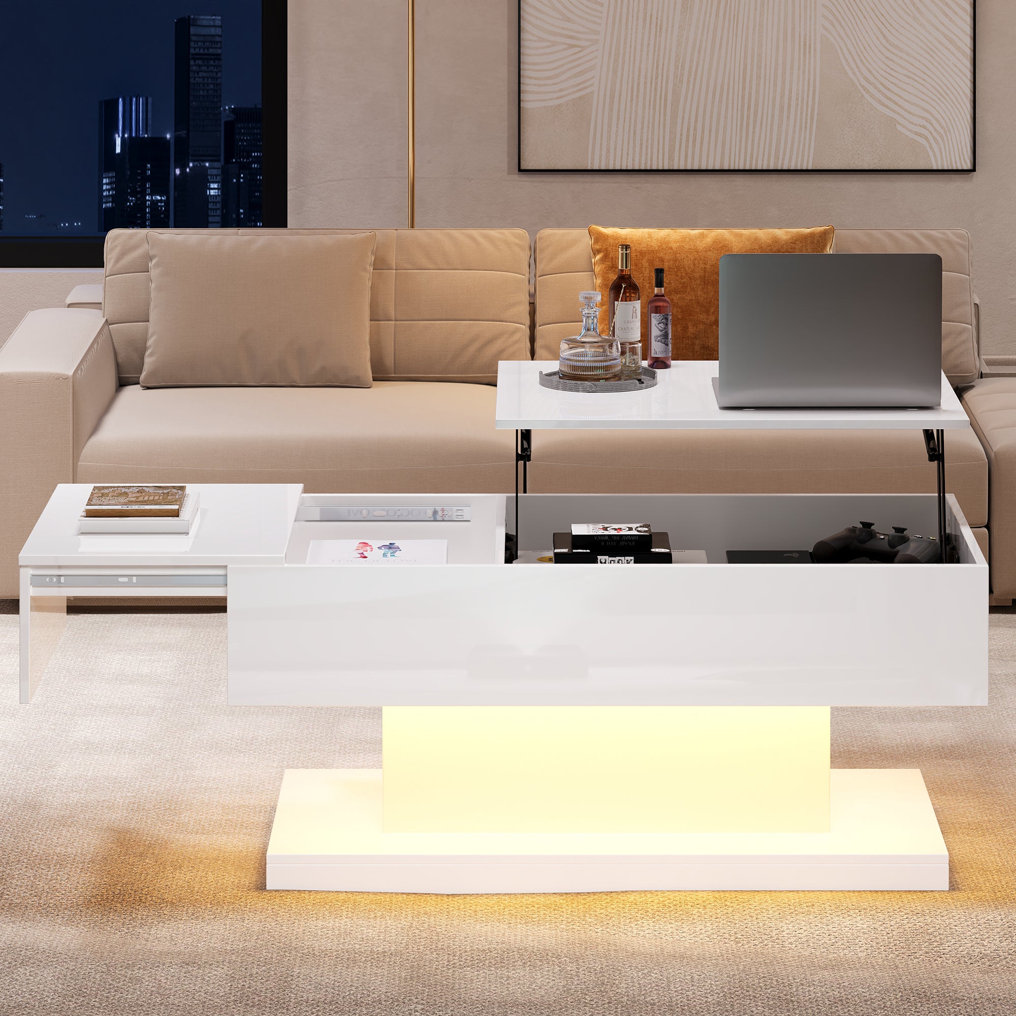 Table basse avec plateau relevable - 100 x 50 x 45 cm - LEDs - Panneaux de particules et métal - Blanc brillant - 5