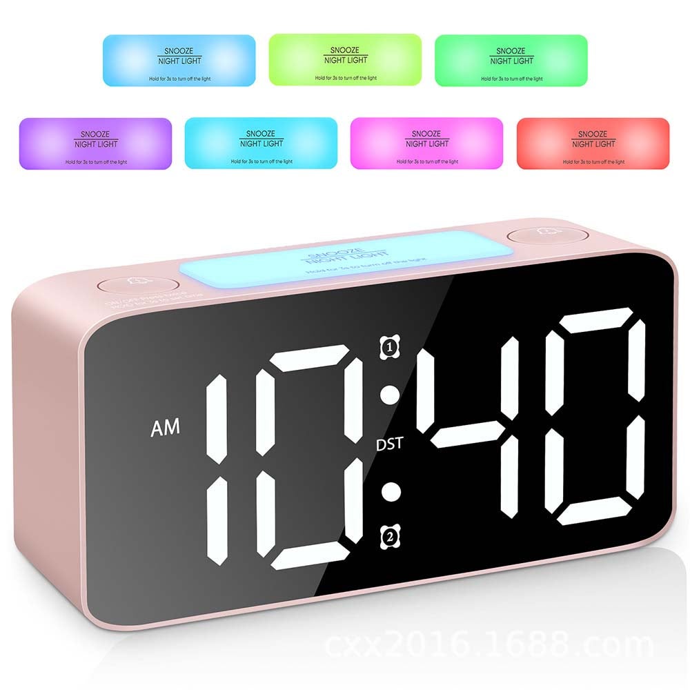 Budzik dla dorosłych śpiochów, super głośny, cyfrowy, 7 kolorów RGB, regulacja głośności, USB, mały budzik do pokoju – różowy + RGB
