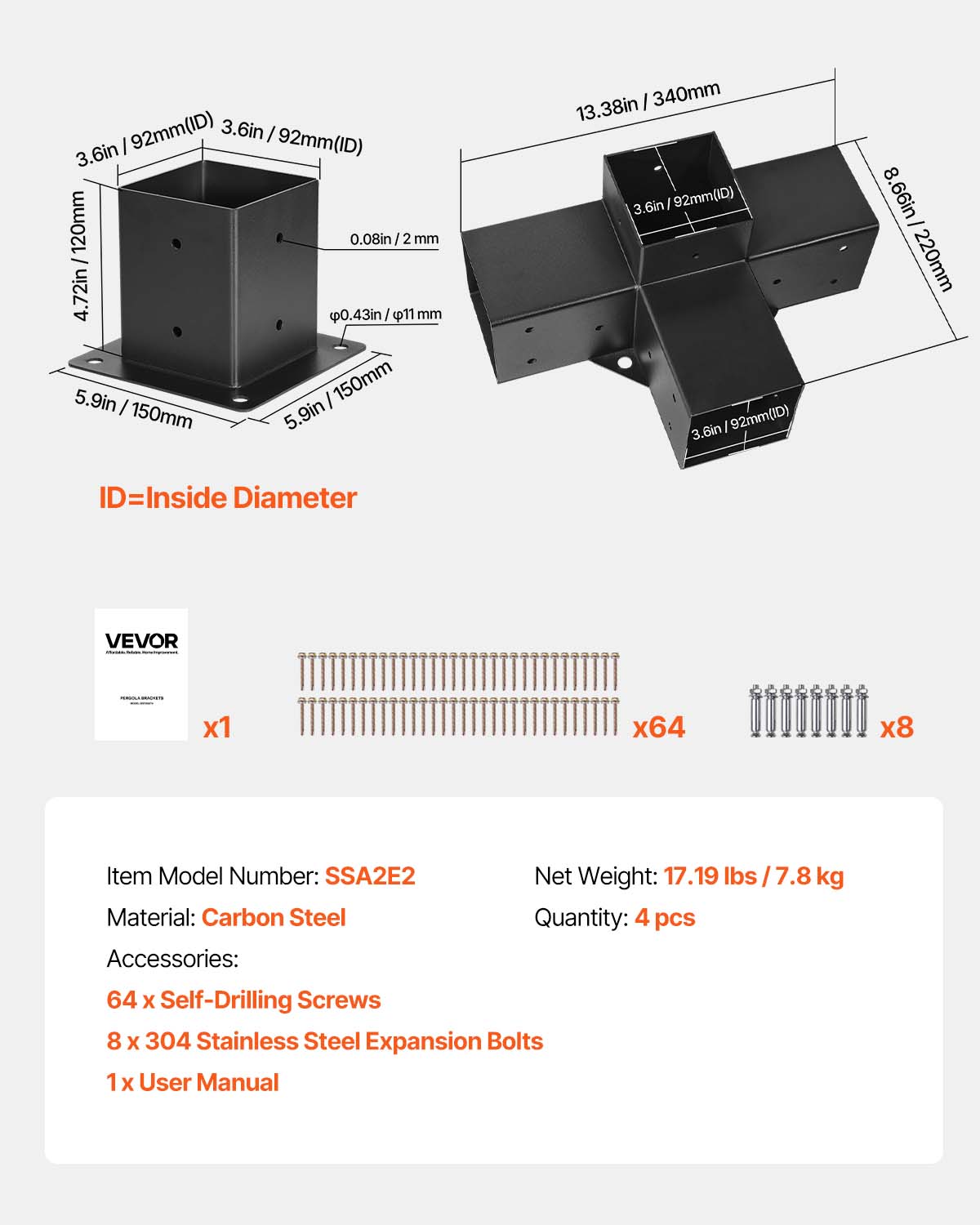 Kit Supports de Pergola VEVOR 4x4 po 10x10 cm Support de Poteau Bois de Menuiserie 2 Supports deAngle a 4 Voies 2 Bases de Poutres Quincaillerie Brico - 7