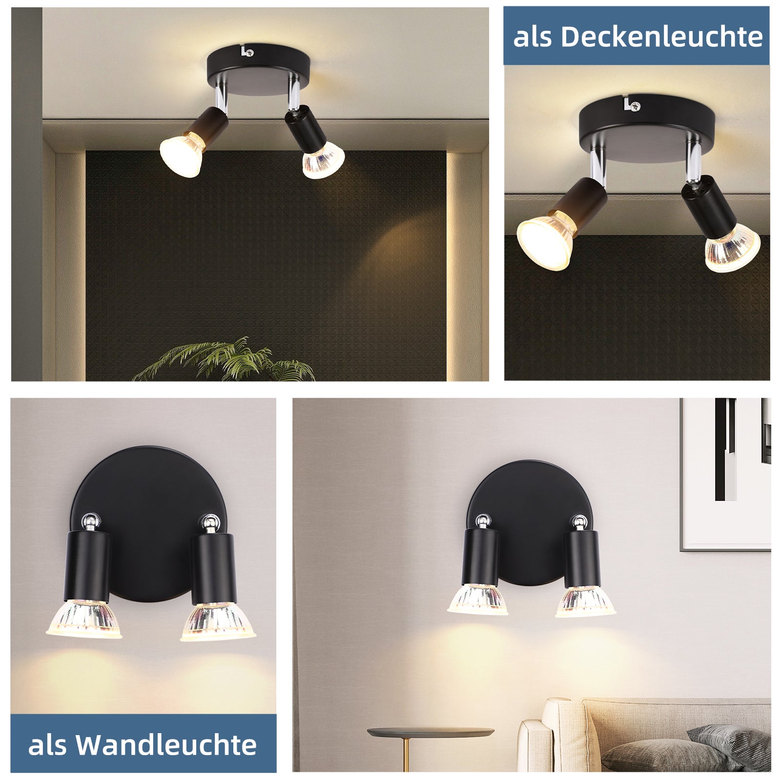 NETTLIFE Spot de plafond LED noir 2 ampoules orientable 350° GU10 industriel - 2