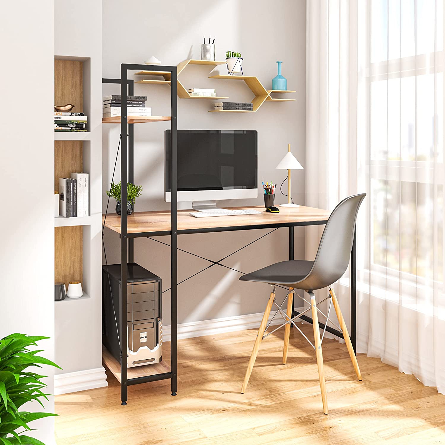 Table de Bureau avec étagère de Rangement Bureau d'ordinateur Stable et Robuste env,120x64x120 cm,Noir+Chêne Clair,WOLTU - 3