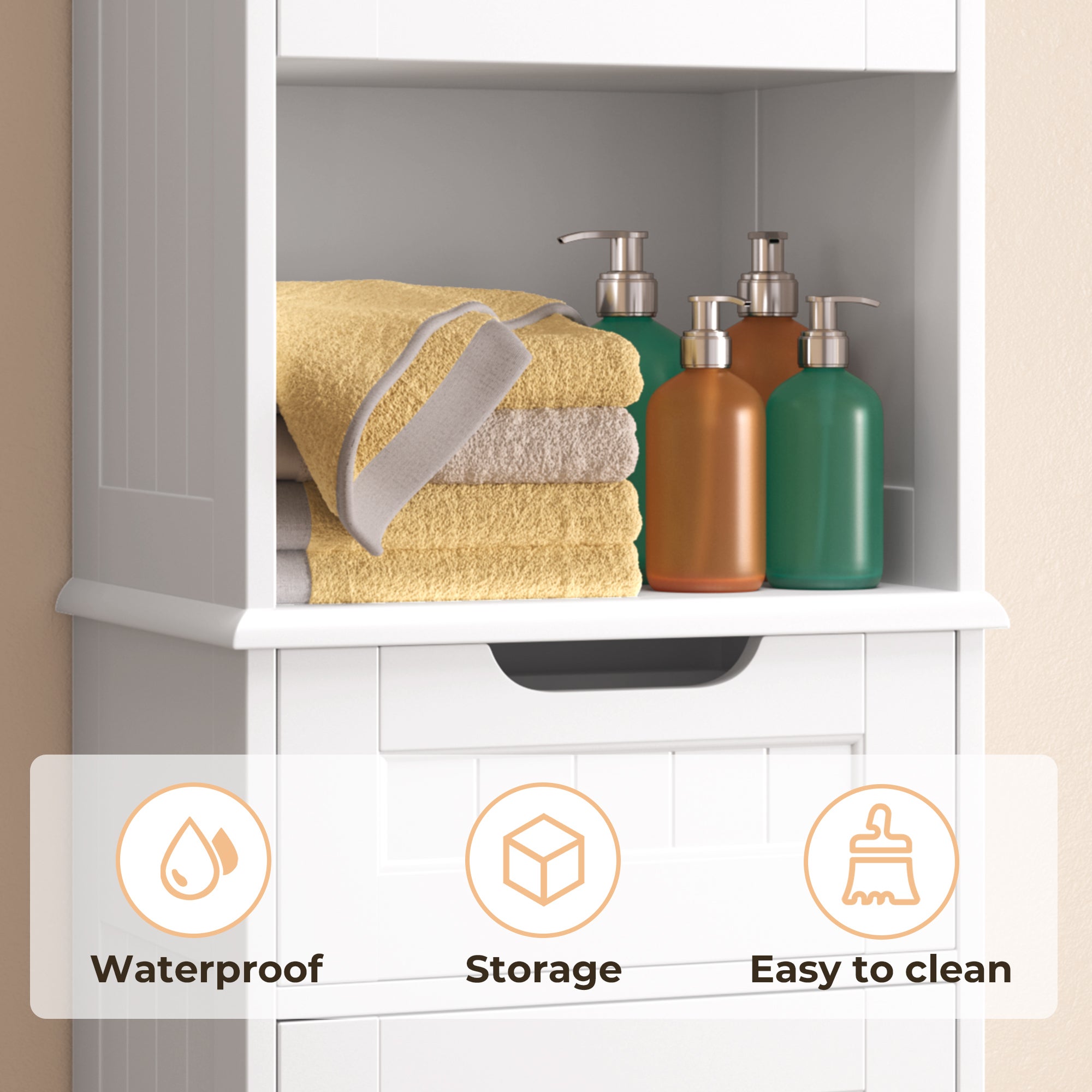 Bealife Mobile Colonna per Bagno con Ripiano con Piedistallo, Armadio Alto a 2 Ante, 1 Cassetto, 1 Ripiano Aperto e Ripiano Regolabile - 7