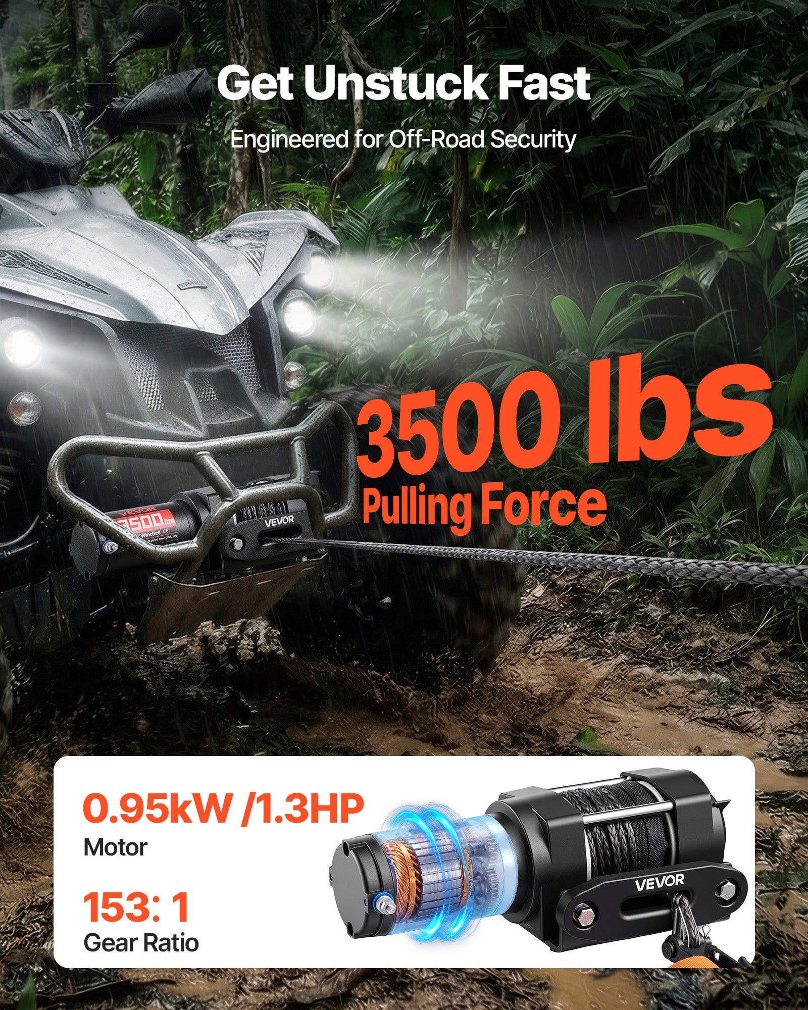 Treuil Électrique VEVOR 12 V CC 1587 kg, pour Quad SSV Tout-terrain Remorquage, Corde Synthétique 5,5 mm x 10 m, Télécommande Filaire, Étanche IP55 - 2