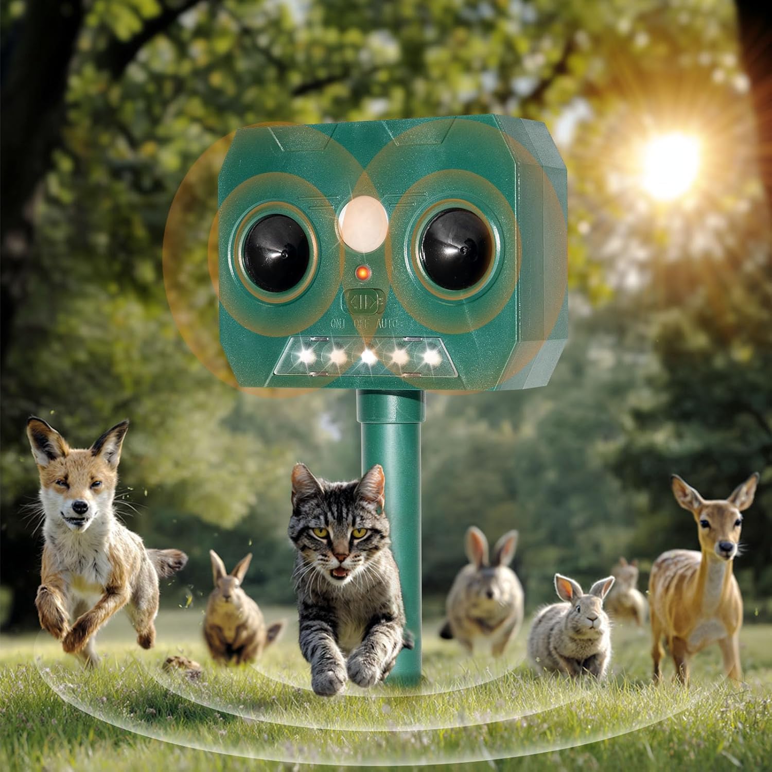 Repelente solar ultrassônico para gatos e cães, à prova d'água IP44, 8m, 110°, espanta animais de jardim com luz LED. - 7